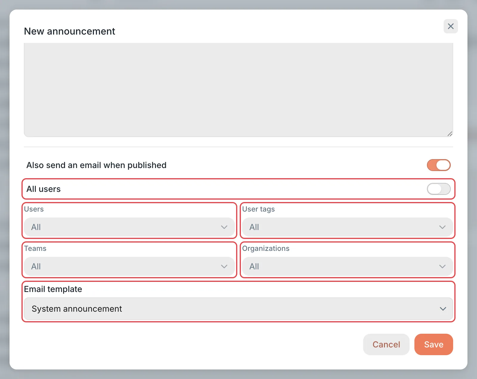 New announcement: email push recipients and template
