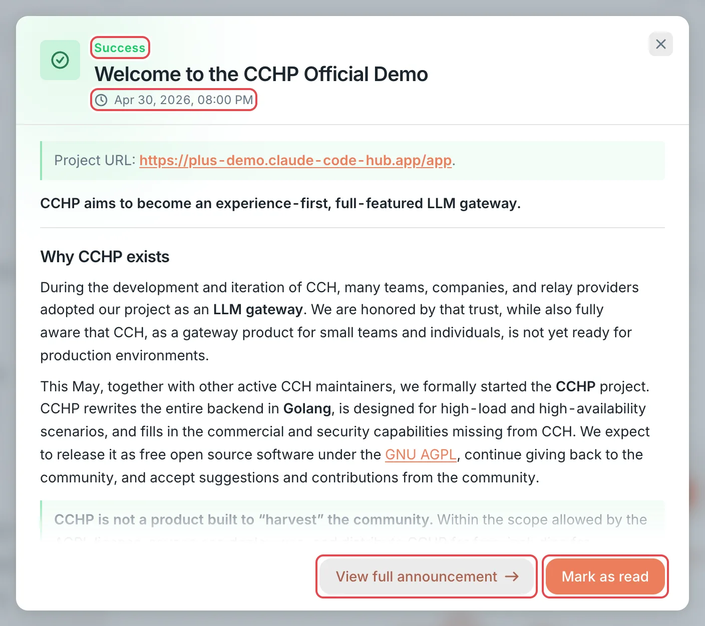 Sign-in popup: an unread announcement