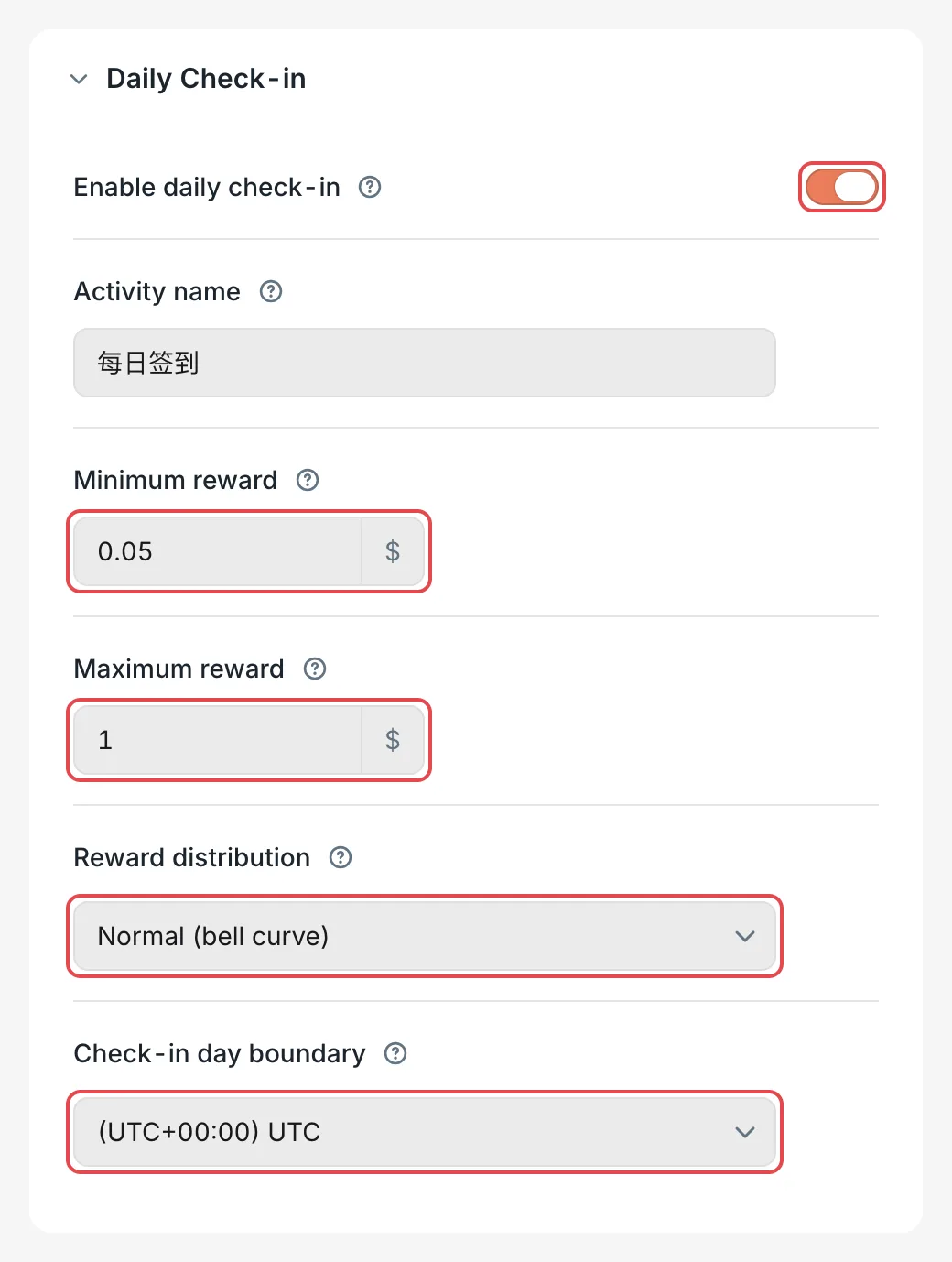 Activities: the daily check-in settings