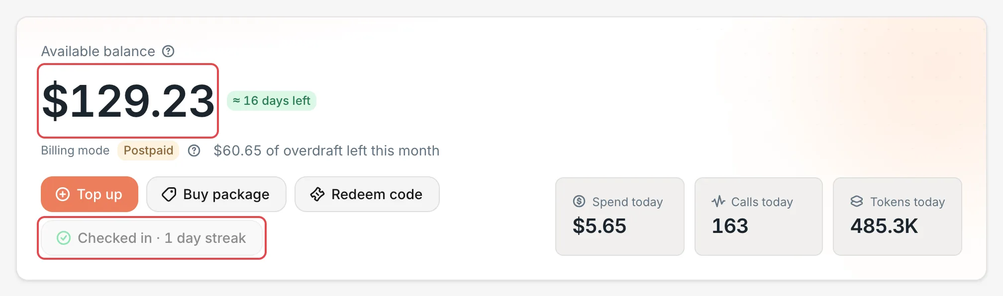 Wallet: the button and balance after check-in