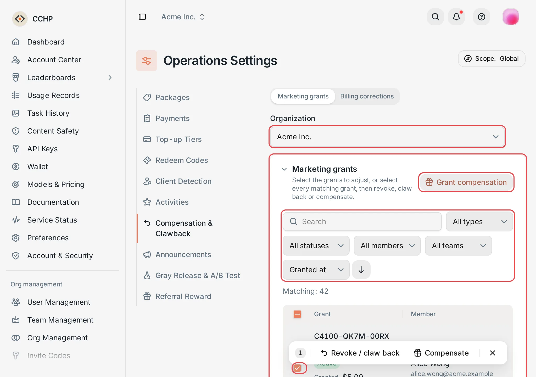 Marketing grants: the grant list and the bulk action bar