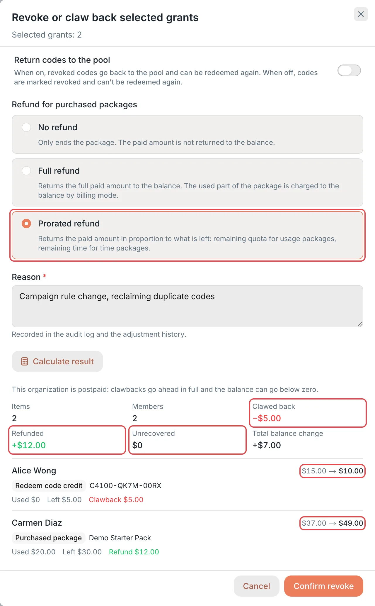 Revoke selected grants: the refund option and the calculated result