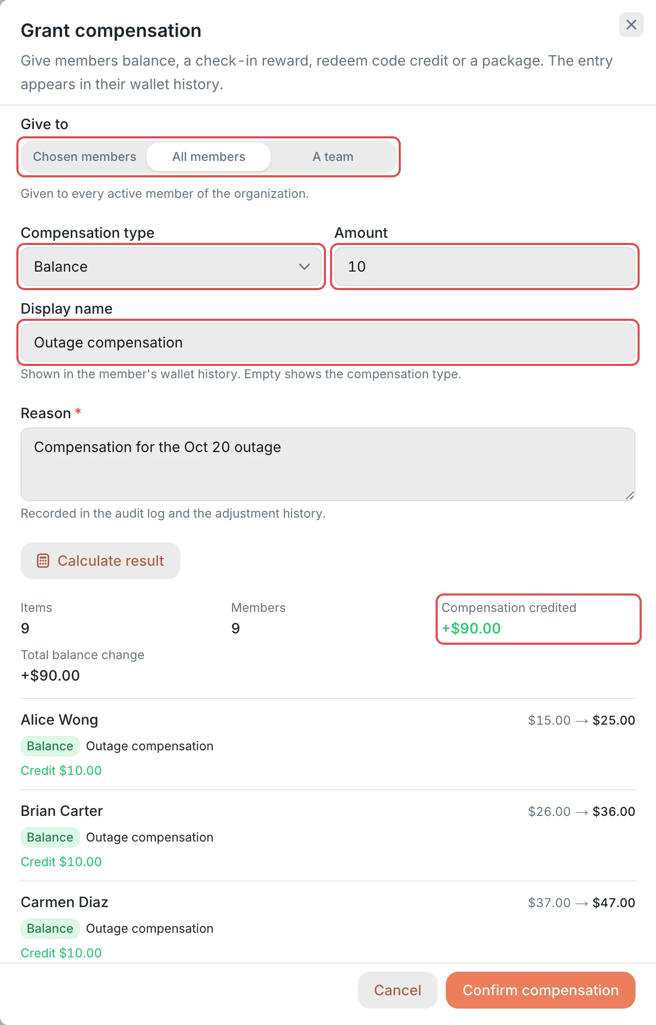 Grant compensation: all members and the calculated result