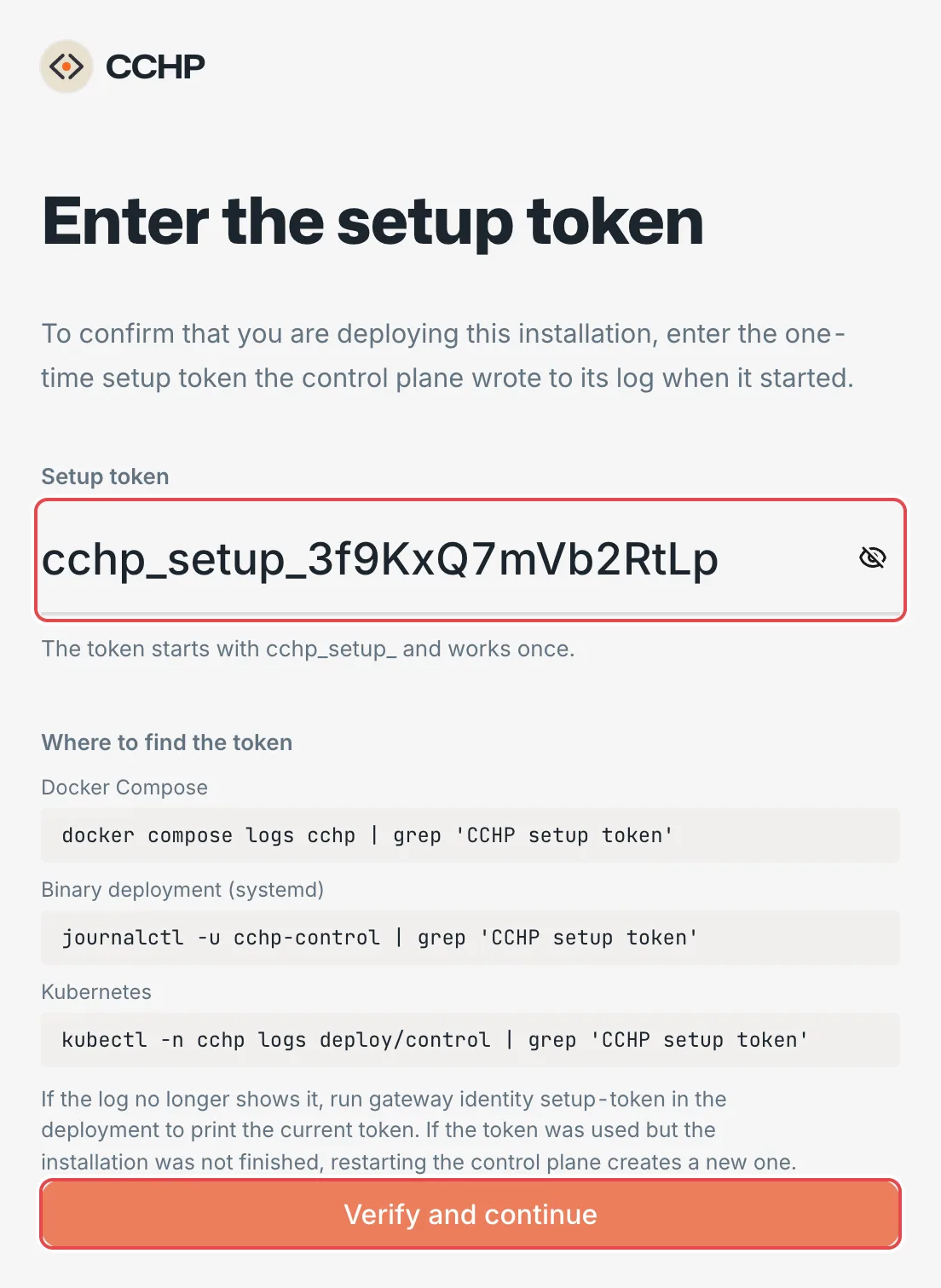 Setup wizard: enter the setup token