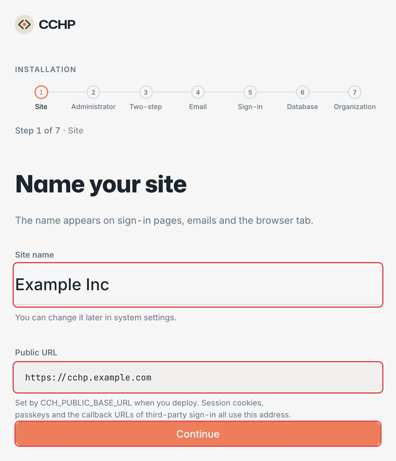 Setup wizard: Site name and Public URL
