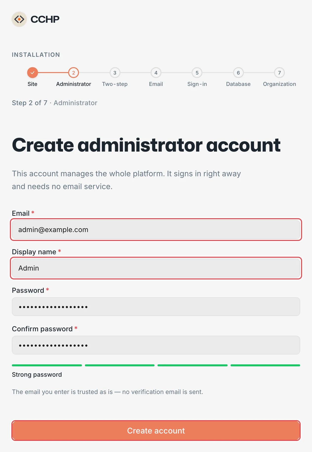 Setup wizard: create the administrator account