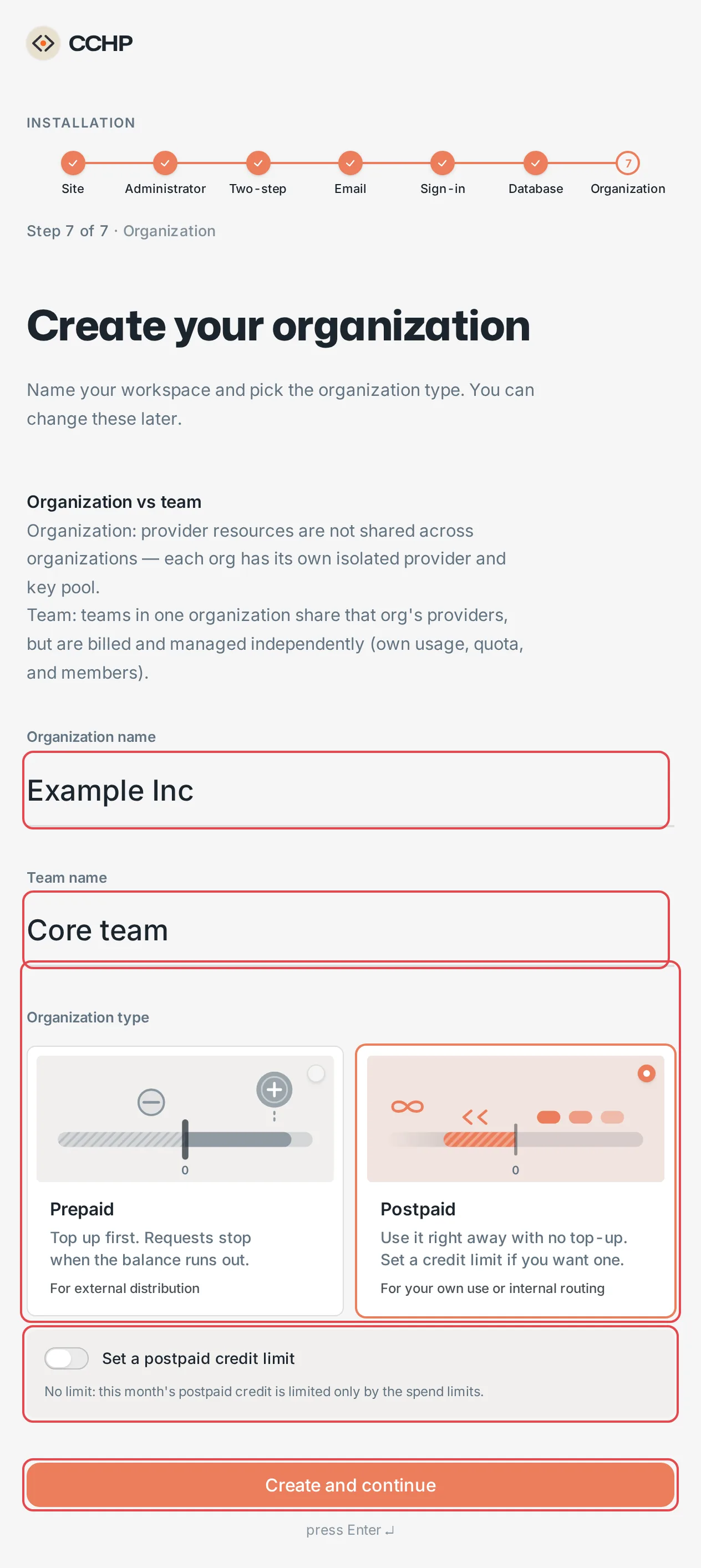 Setup wizard: organization name, team name, and organization type