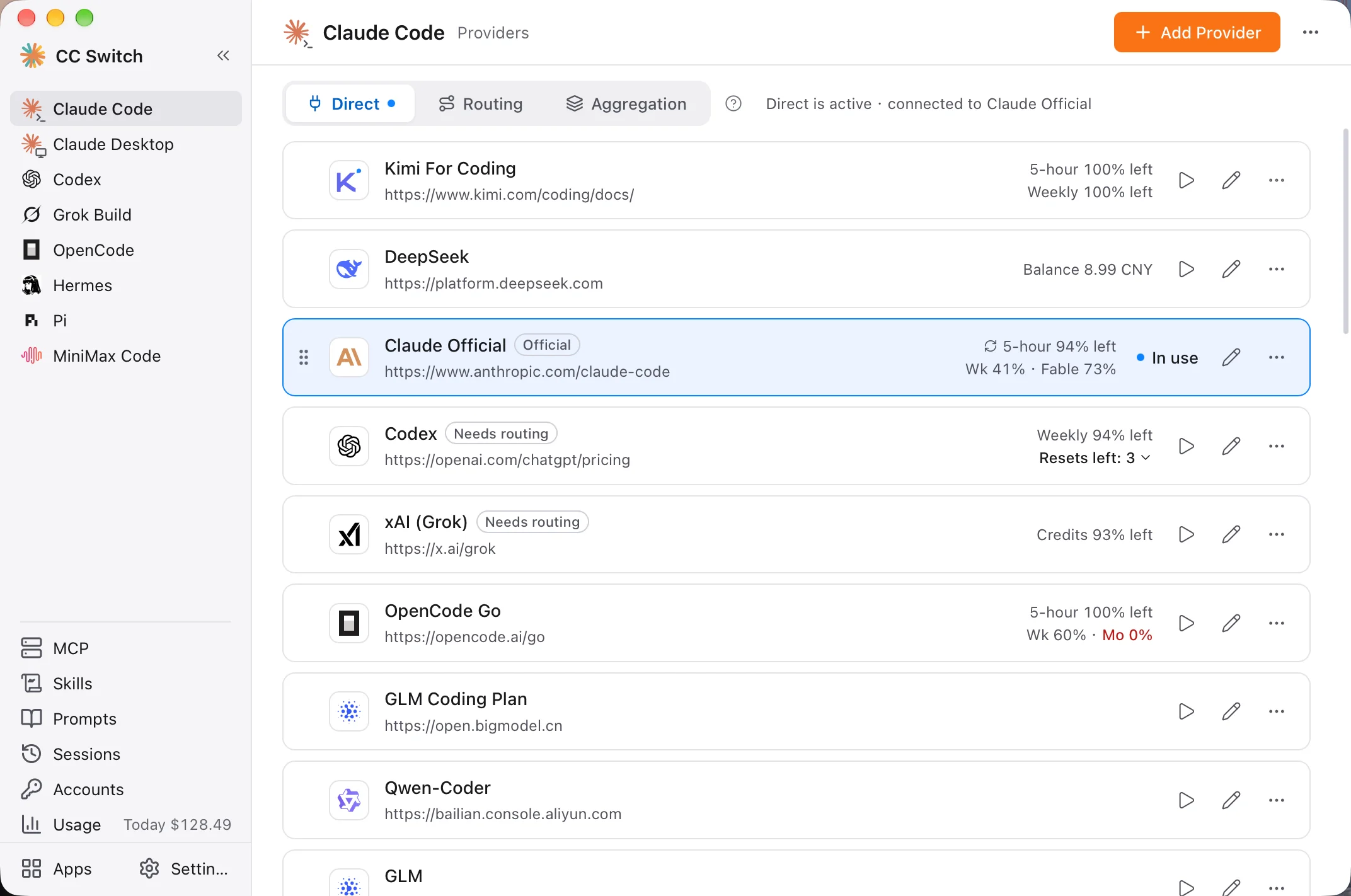 CC Switch: select an AI tool and add a provider