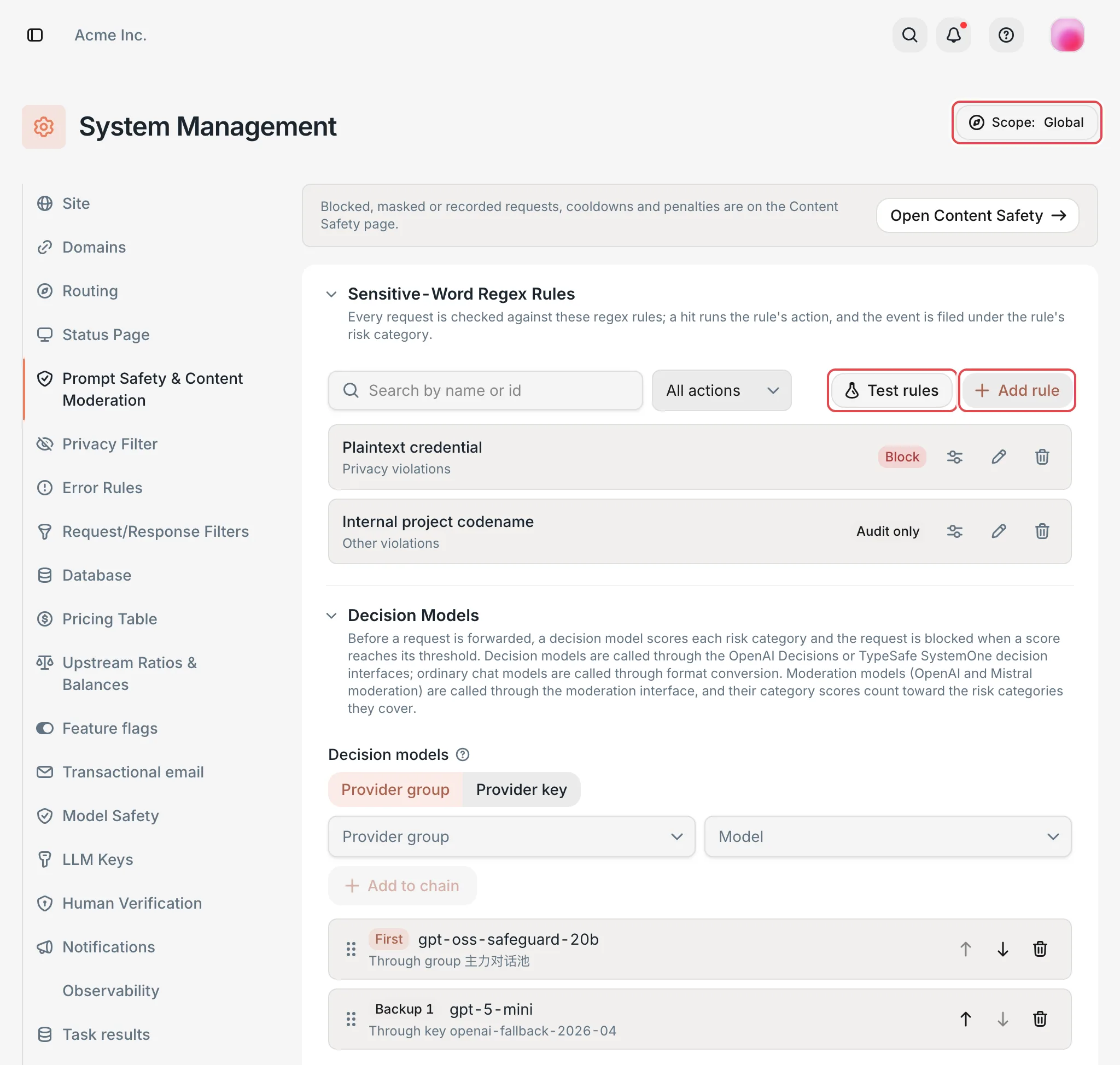 Prompt Safety & Content Moderation: rules and decision models
