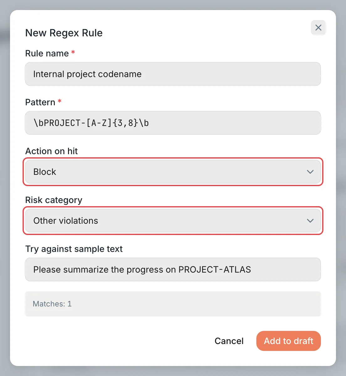 New Regex Rule: Action on hit and Risk category