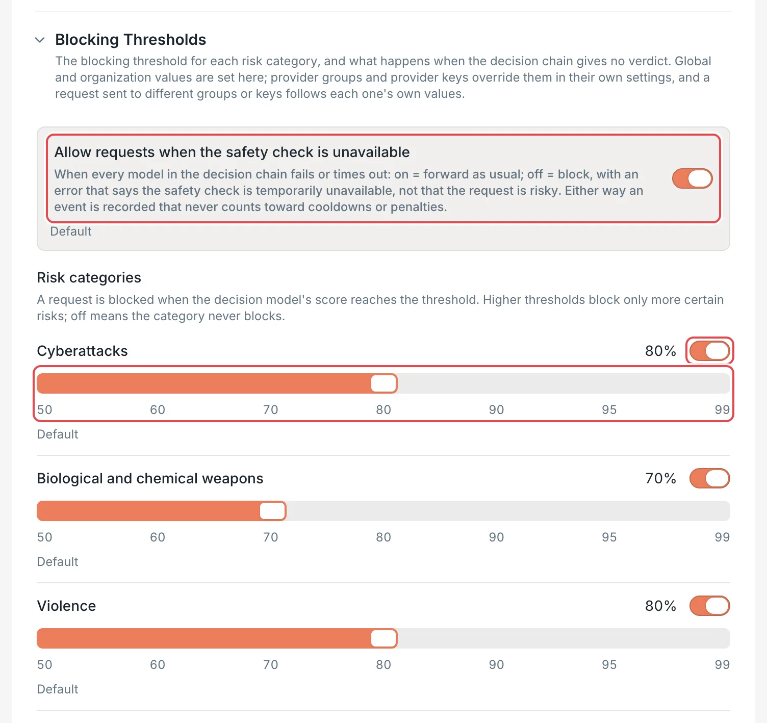 Blocking Thresholds: risk category toggles and threshold sliders