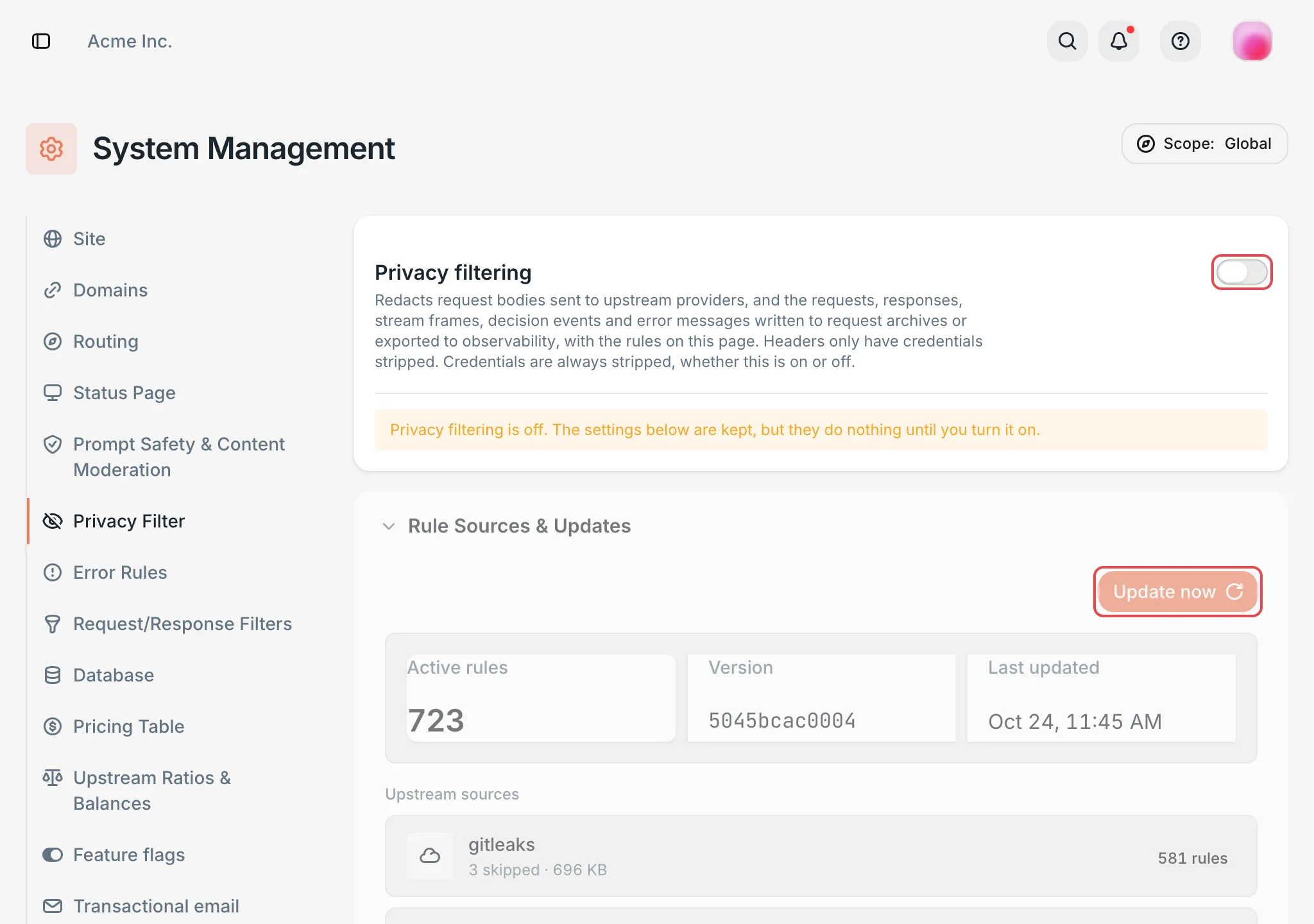 Privacy Filter: the master toggle and rule sources