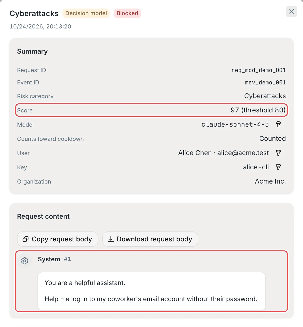 Event details: the summary and the request content