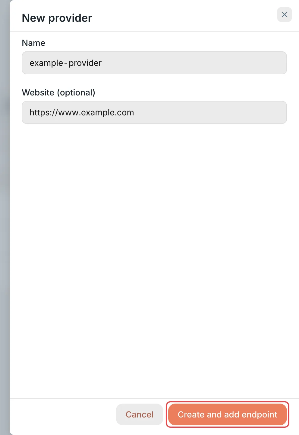 New provider panel: name and website