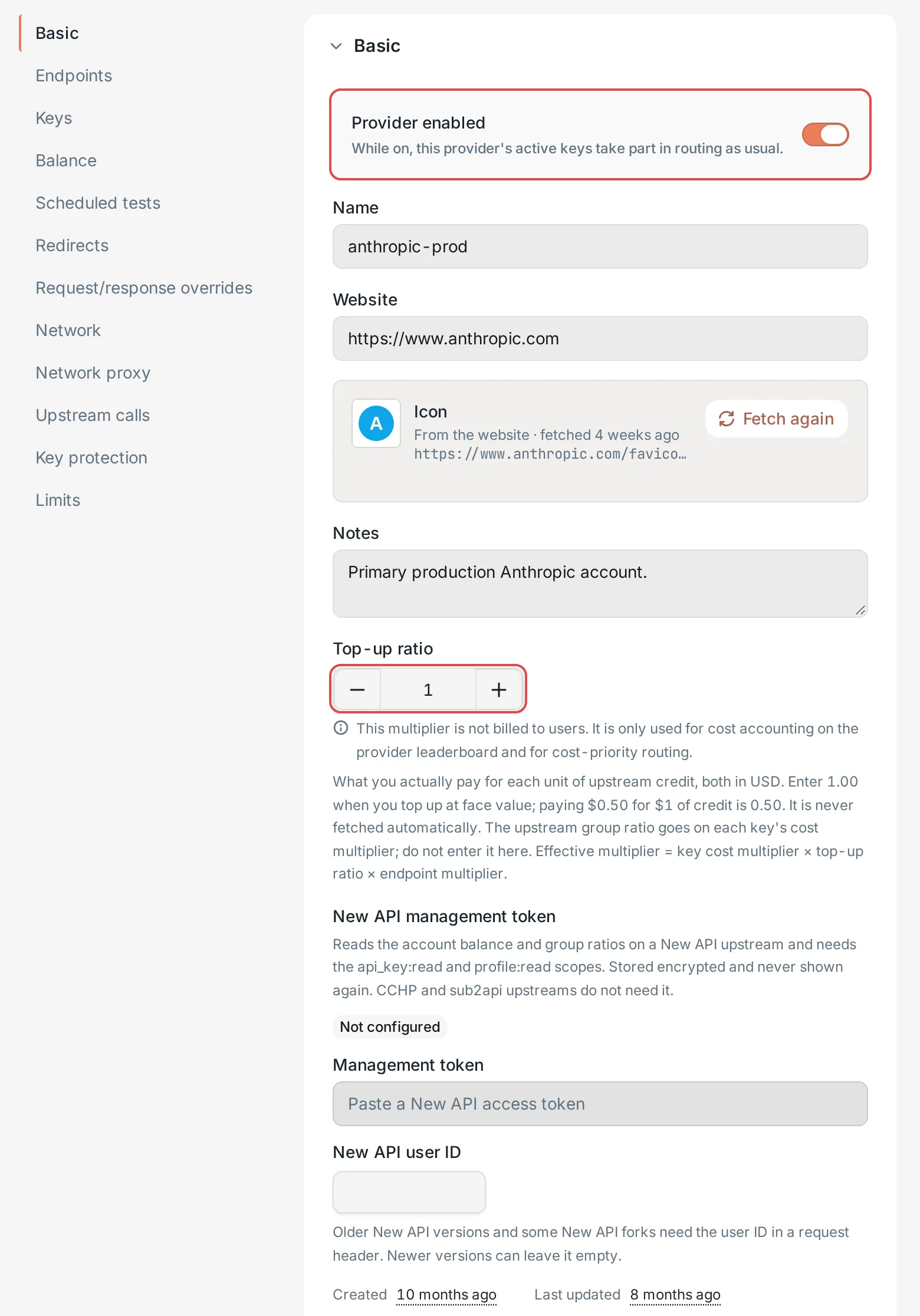Provider details: the Basic section and the top-up ratio