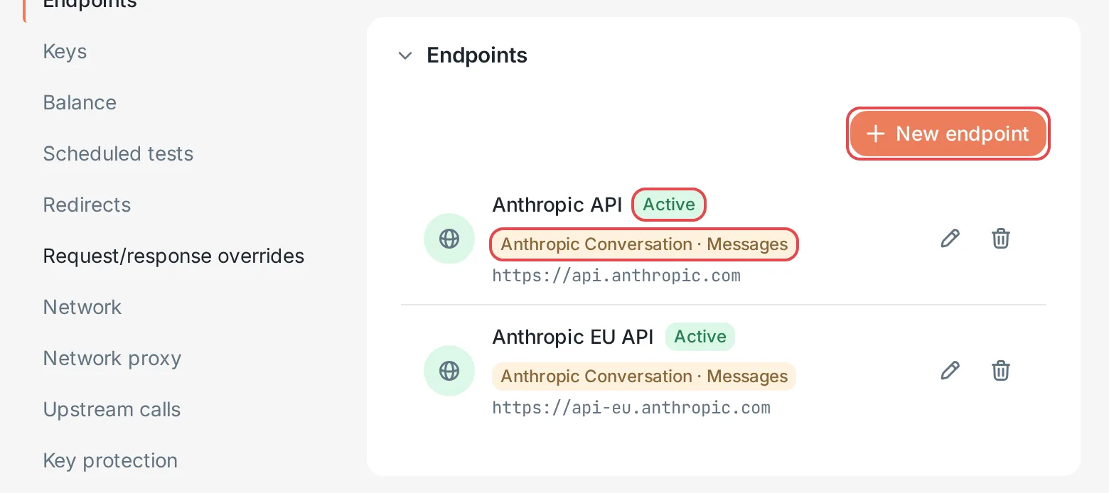 Provider details: the endpoint list
