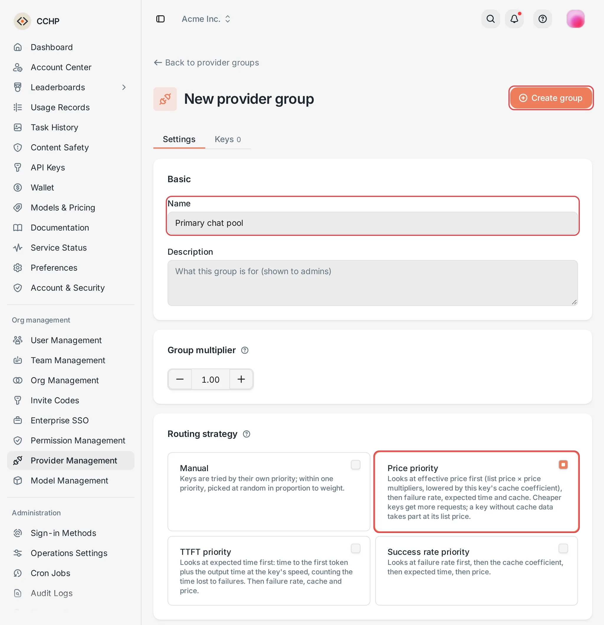 New provider group: the Settings tab