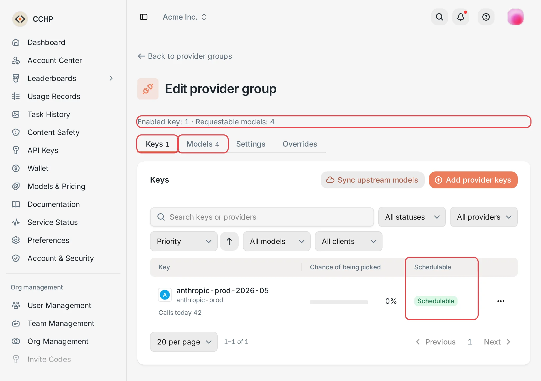 Group details: the Keys tab and scheduling status