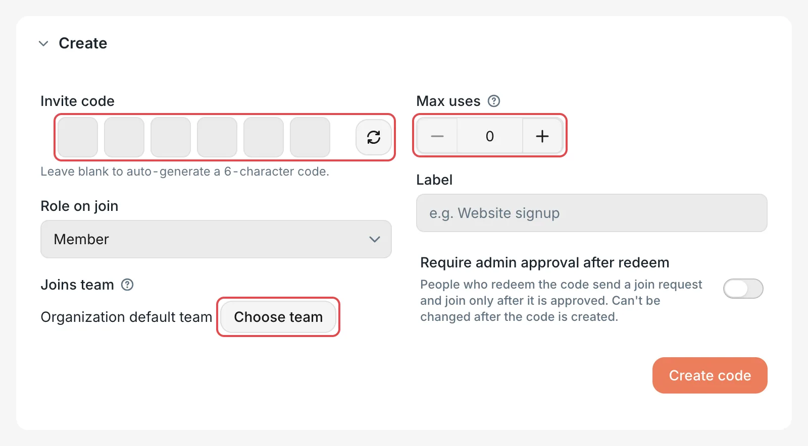 Invite codes: the form for creating an invite code