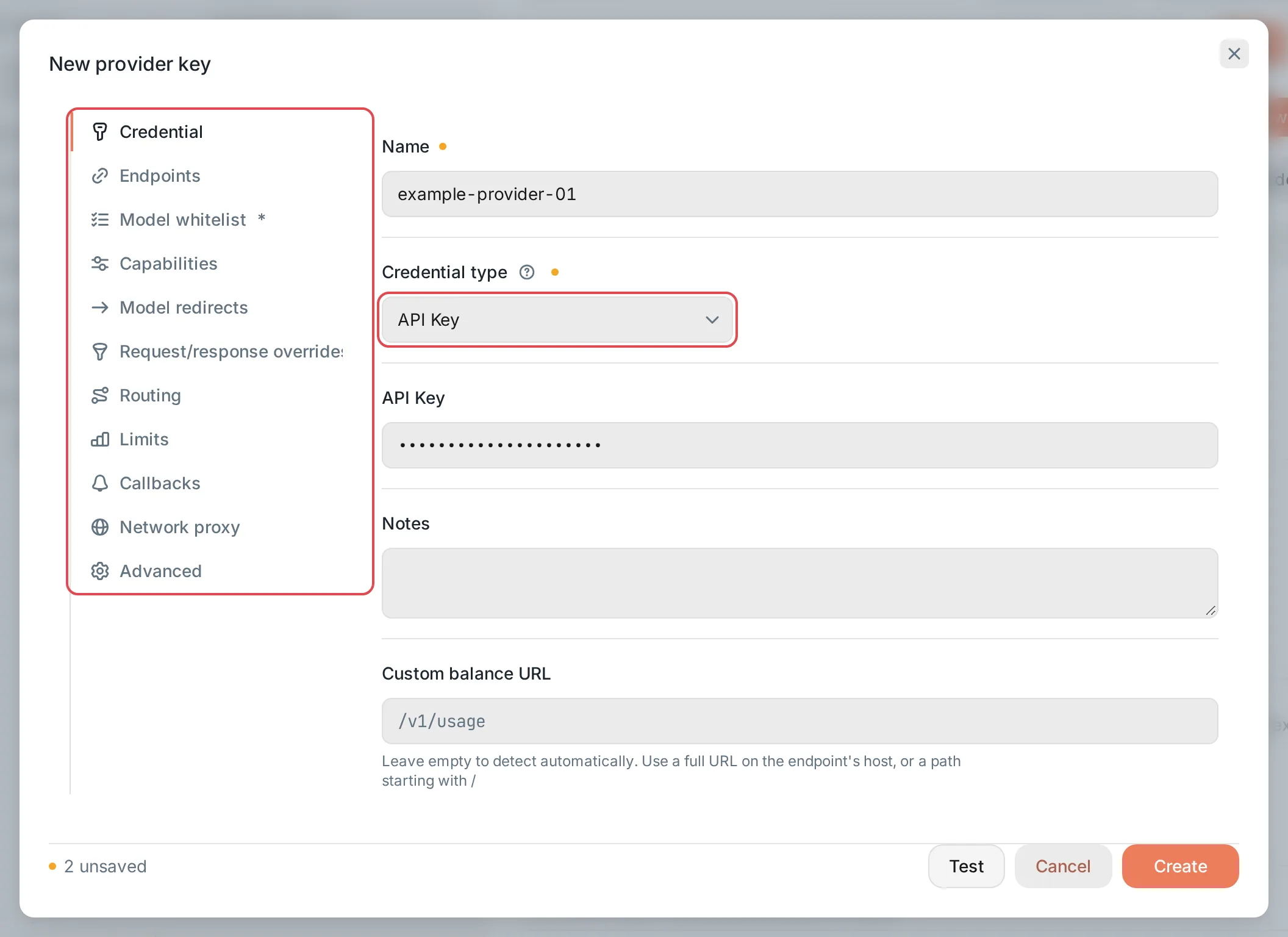 New provider key: the Credential section