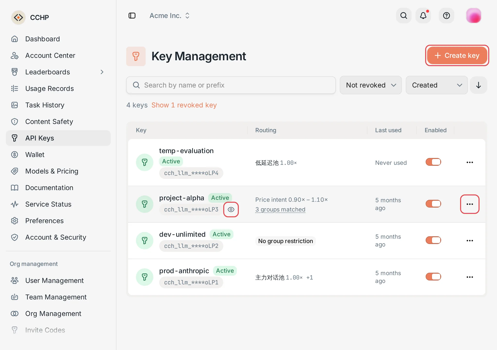 Key Management: the key list, the create button, and the row menu