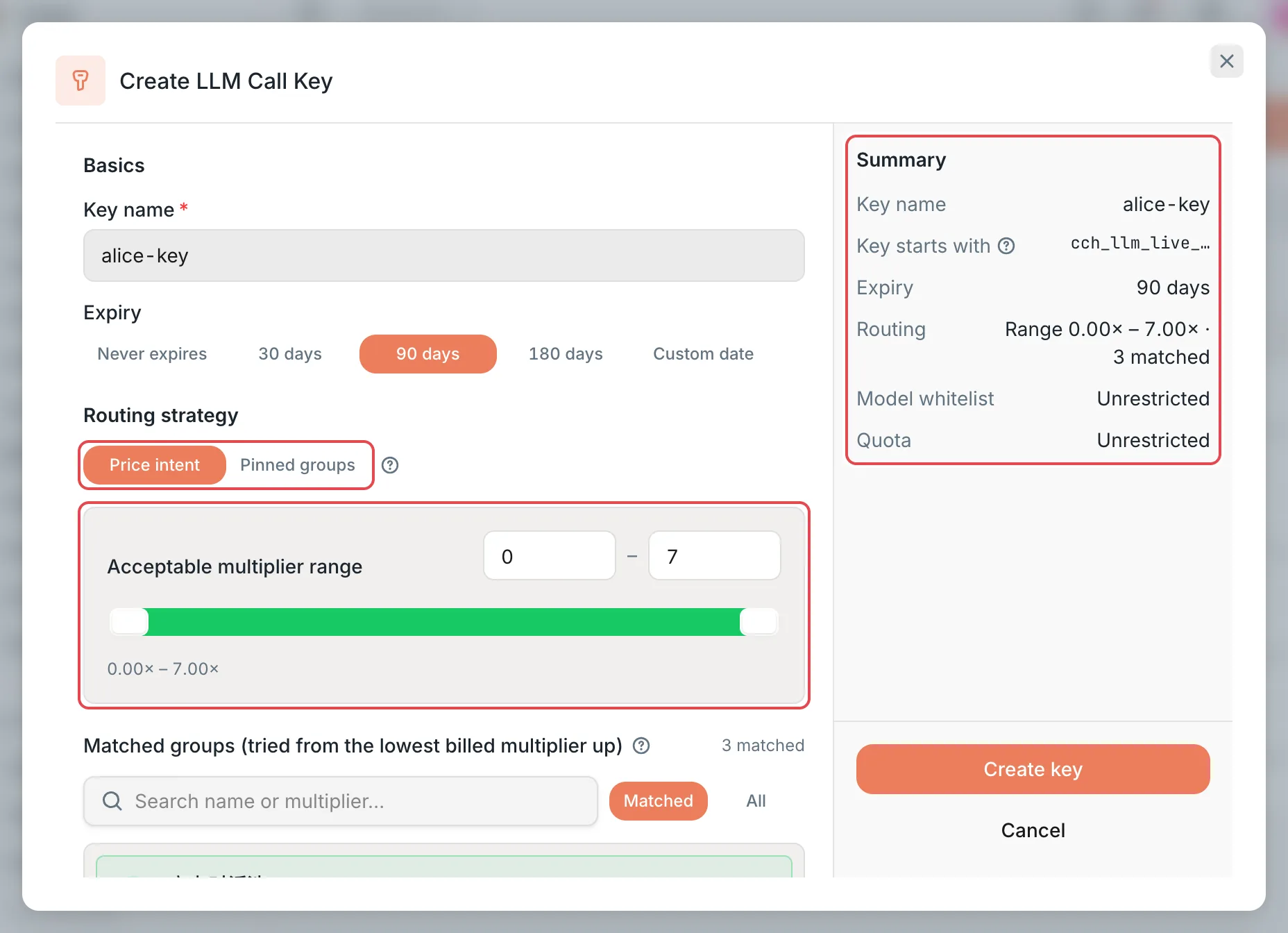 Create LLM Call Key: the basics and the routing strategy