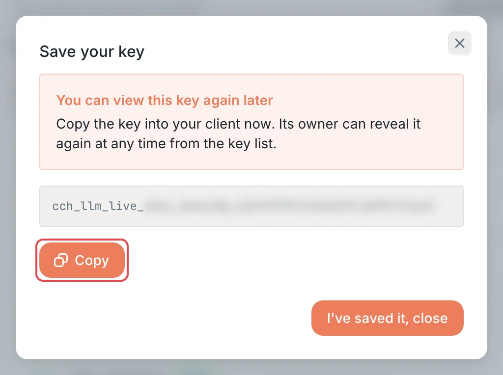 Save your key: copy the full key