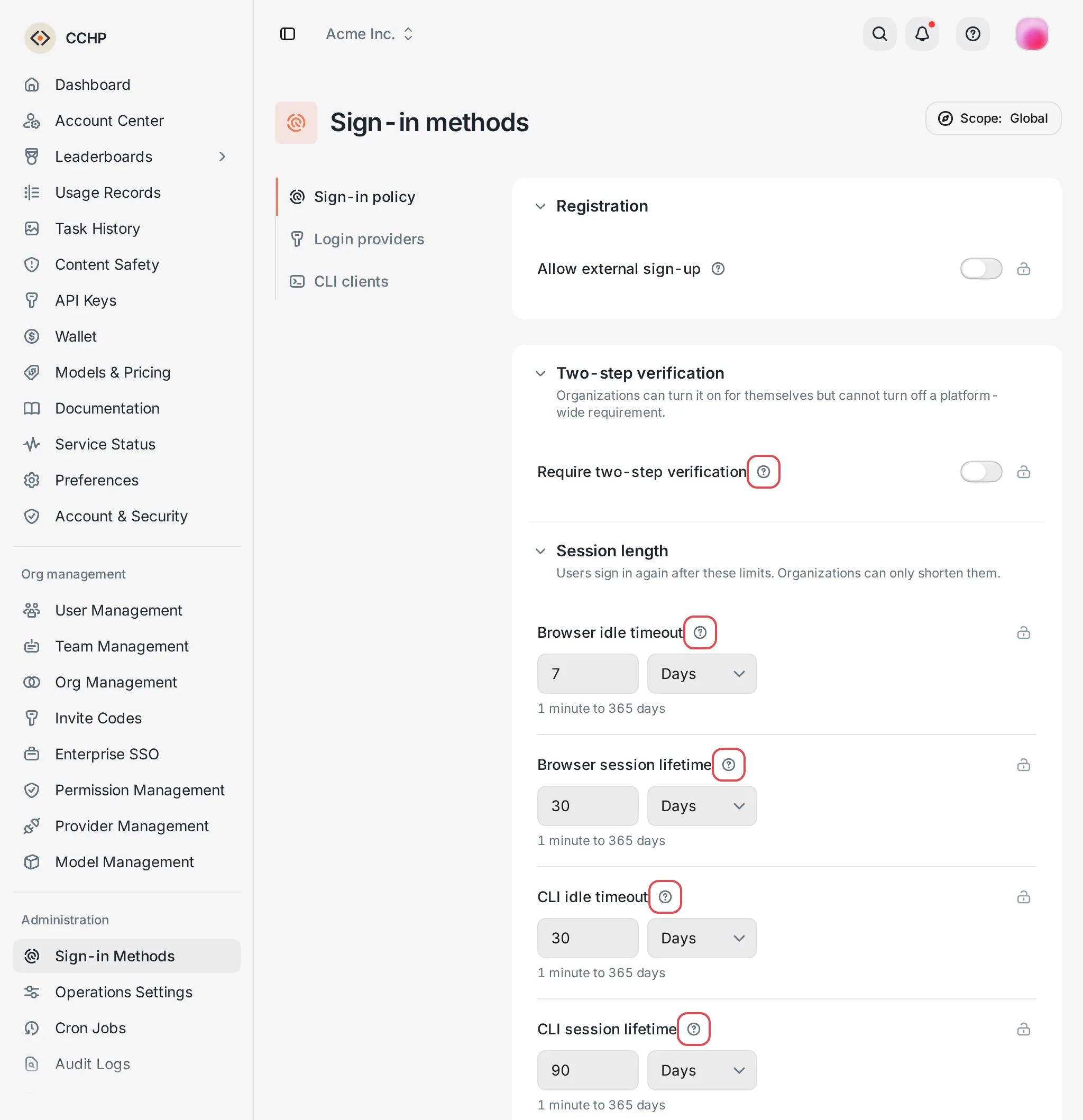 Sign-in policy: two-step verification and session length