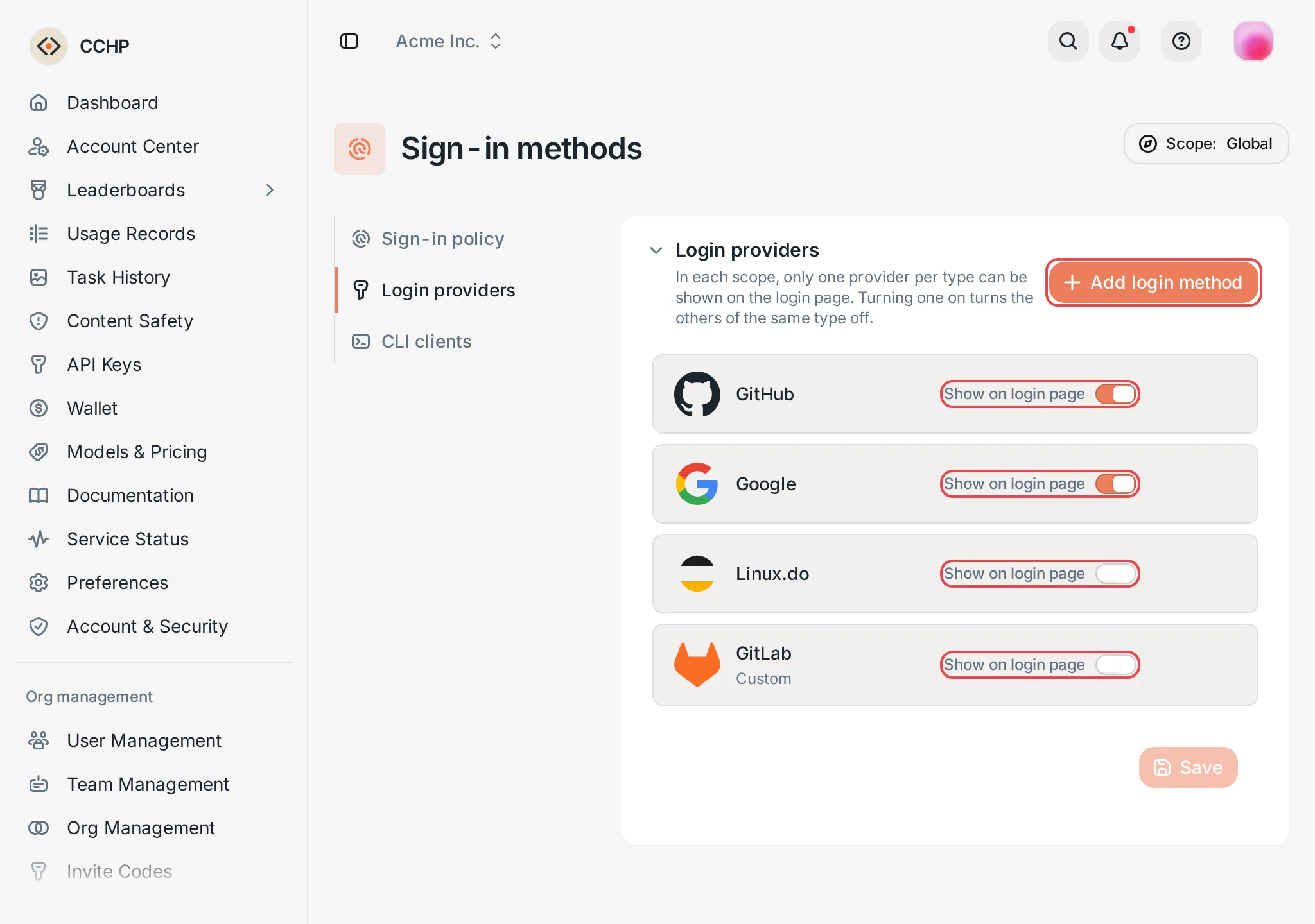 Login providers: the provider list and the show toggles