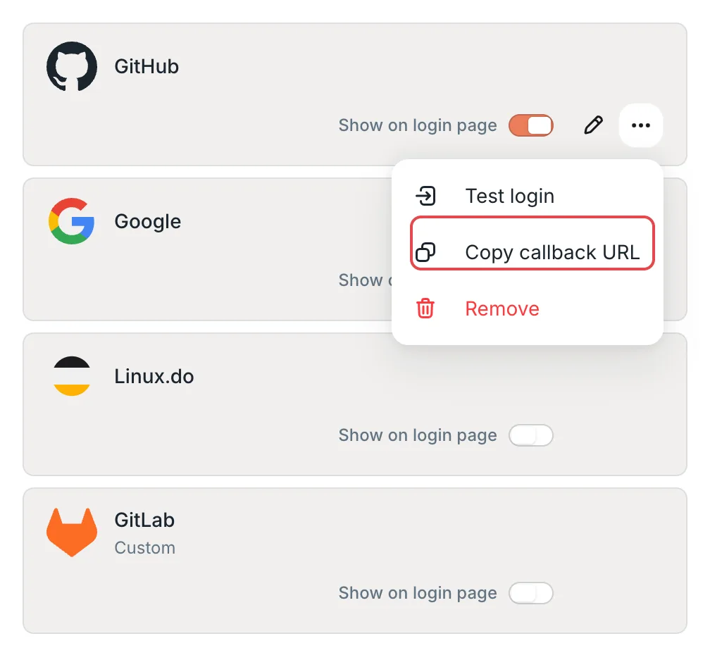 More actions menu: Copy callback URL