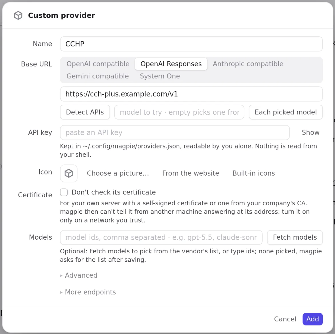 Magpie custom provider: enter the CCHP URL, key, and models