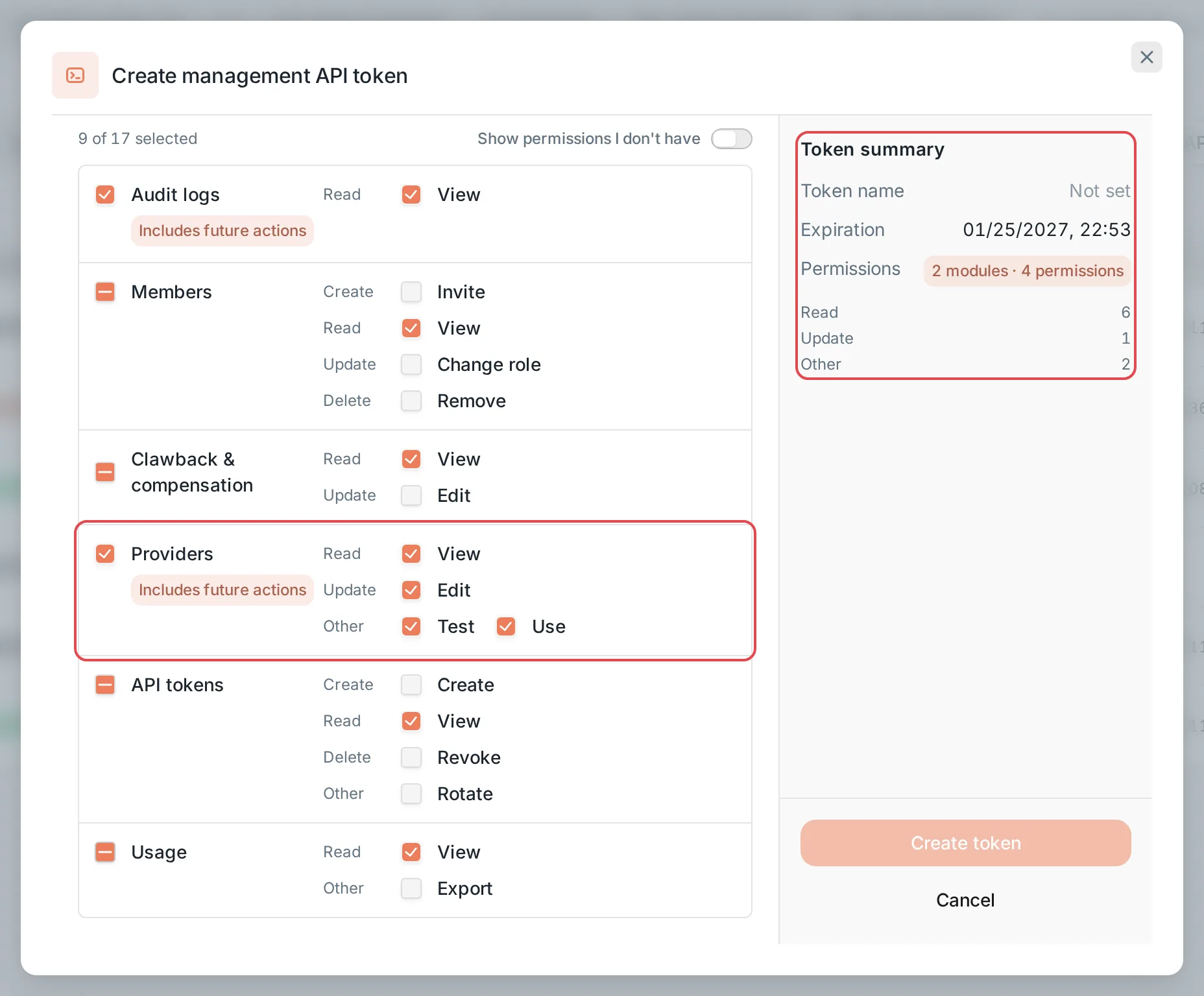 Permissions: a fully selected module marked "Includes future actions", with the token summary on the right