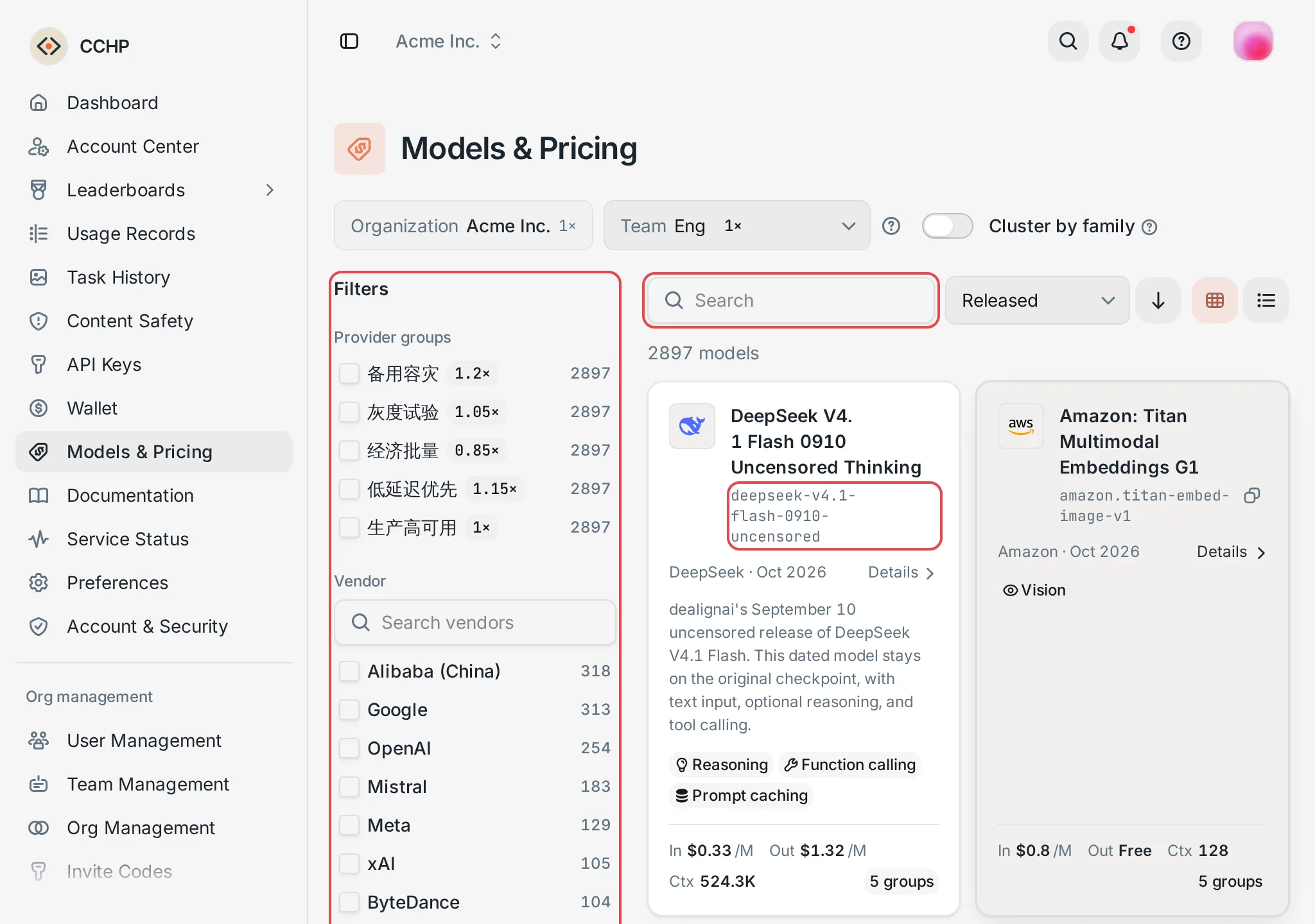 Models & Pricing: search, filters, and model cards