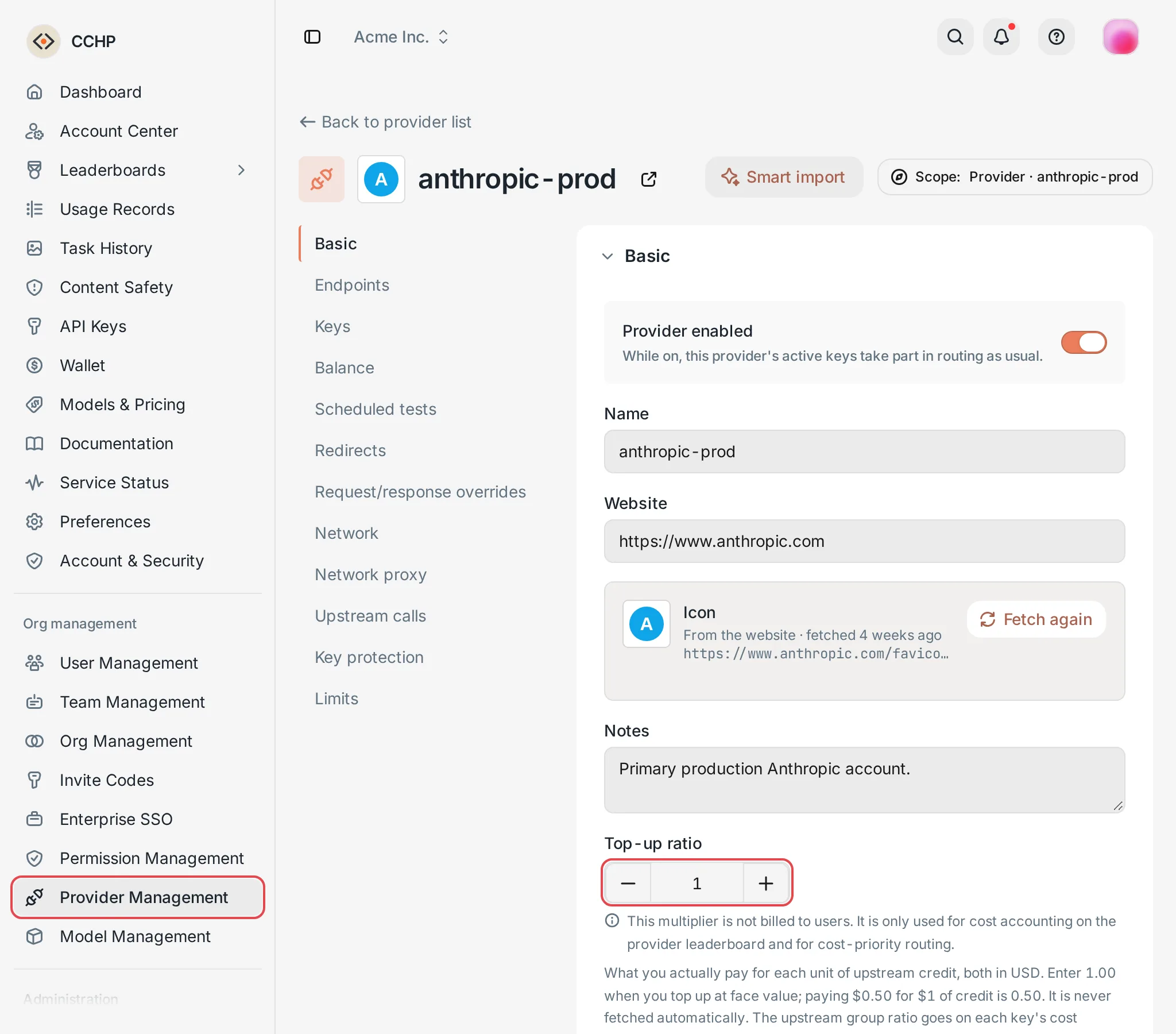 Provider details: Top-up ratio
