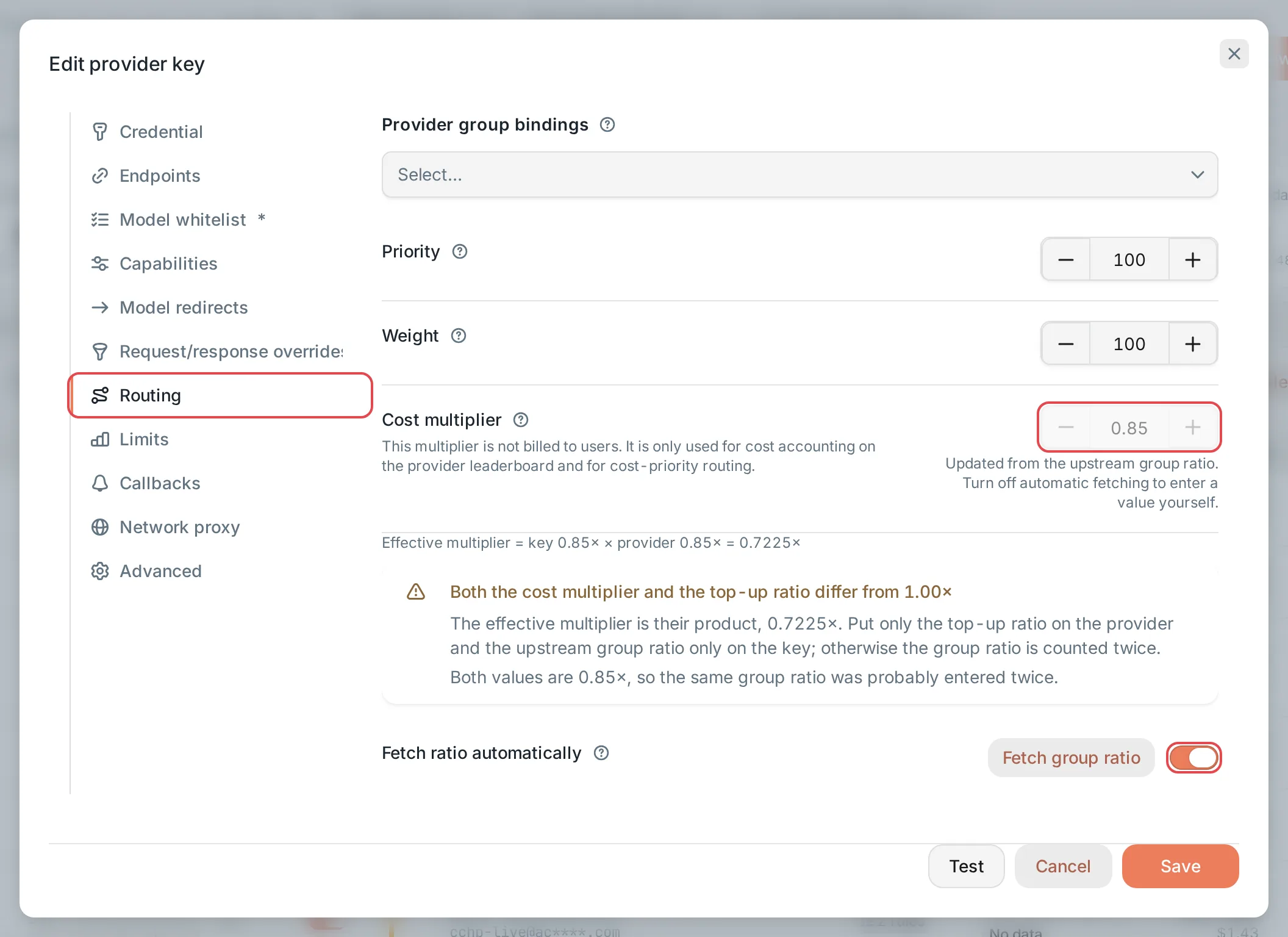 Edit provider key: Cost multiplier