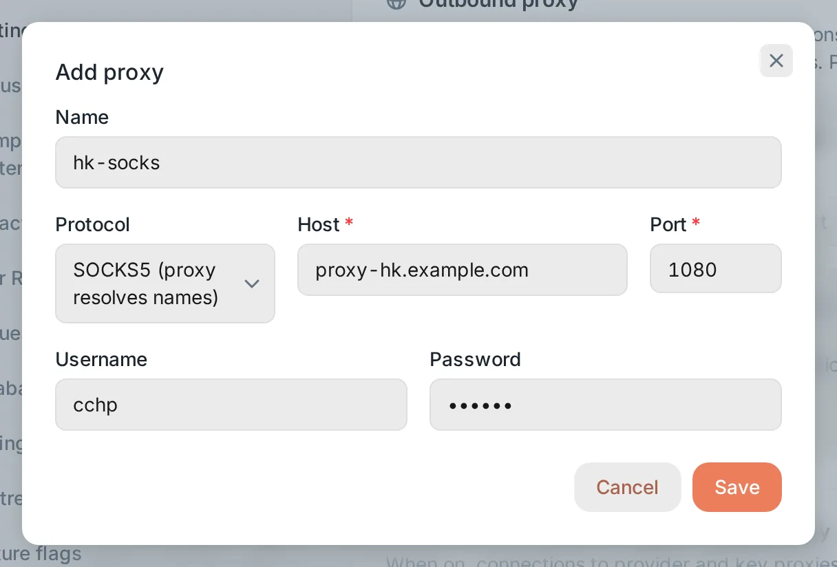 Add proxy: protocol, host, port, user name, and password