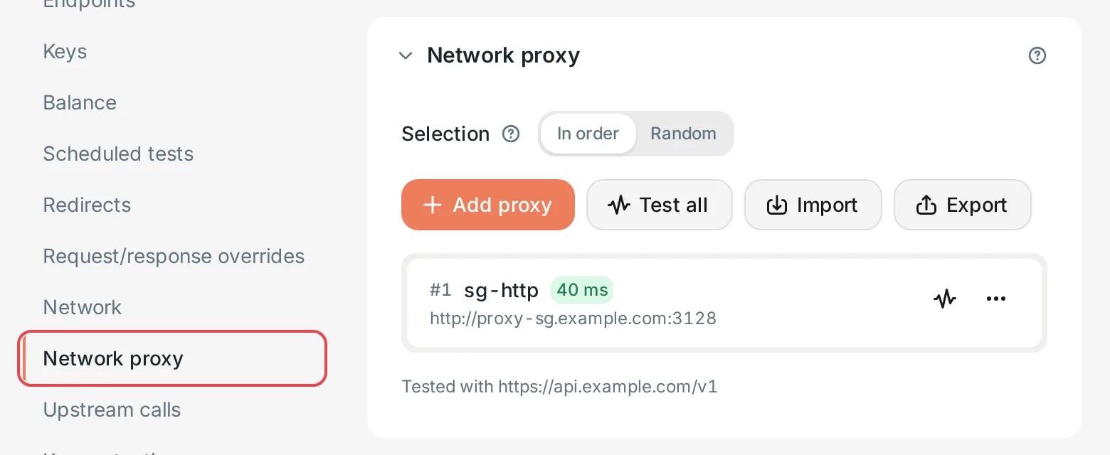 Provider details: the Network proxy section with test results