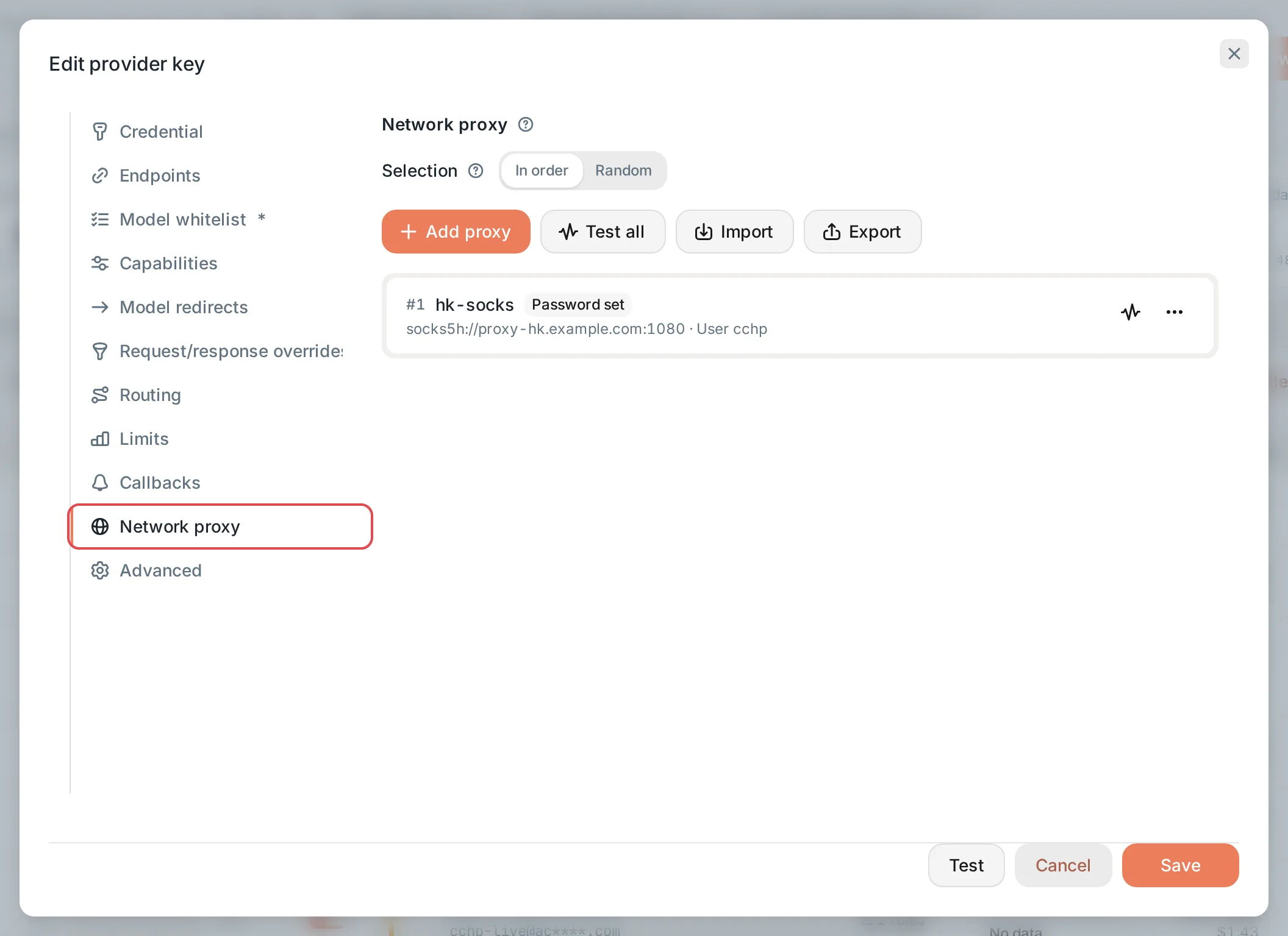 Edit provider key: the Network proxy section