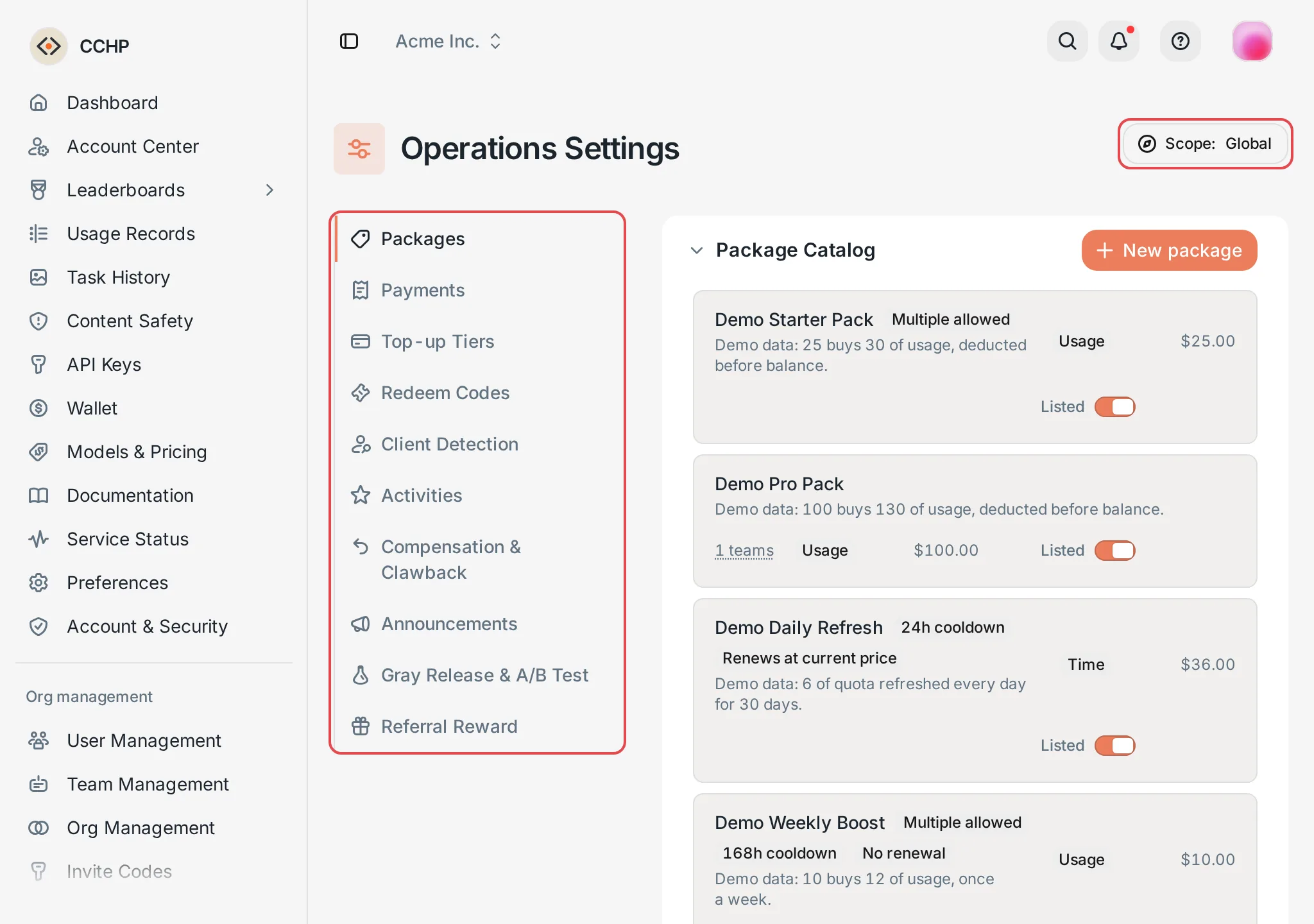 Operations Settings: the sections on the left and the scope switcher