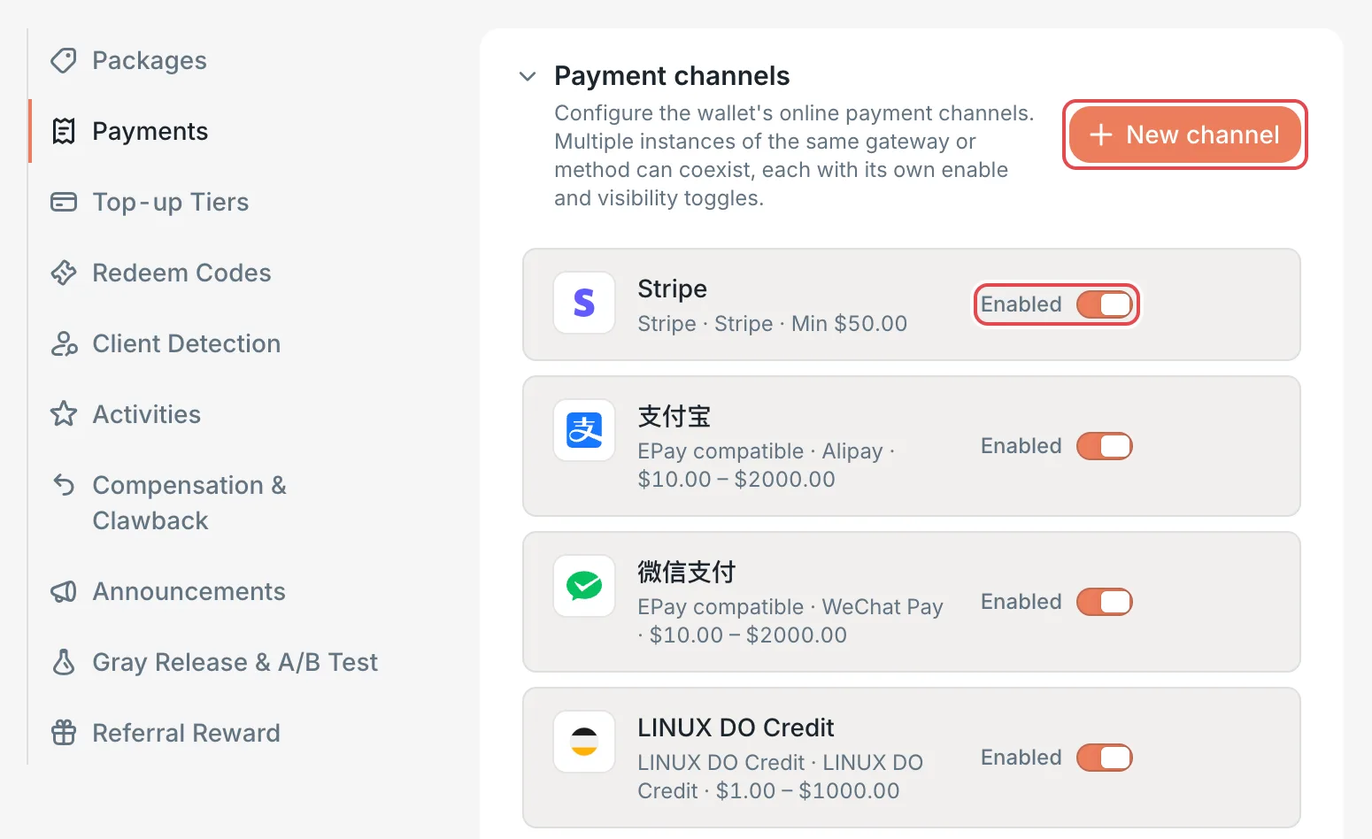 Payment channels list: the New channel button