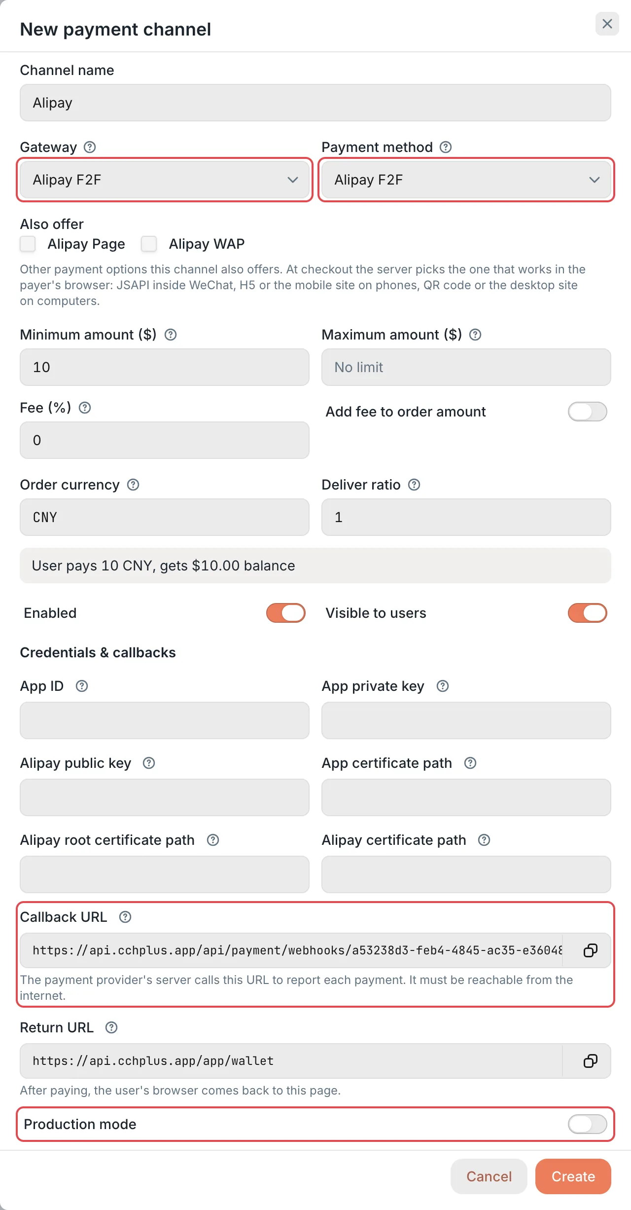 New payment channel panel: the gateway and the callback URL
