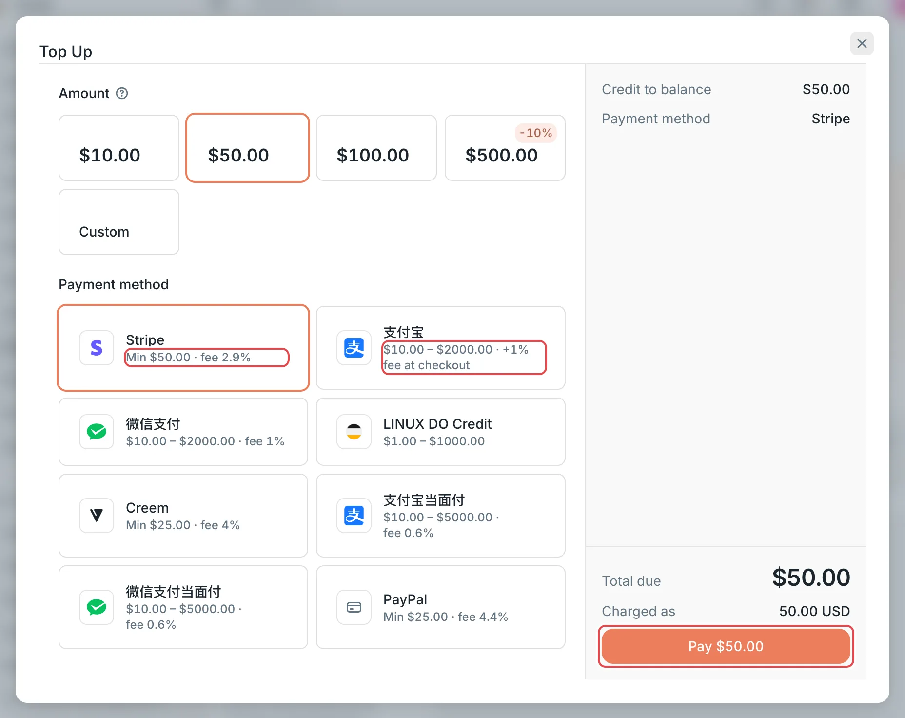 Top Up dialog: the amount and the payment methods