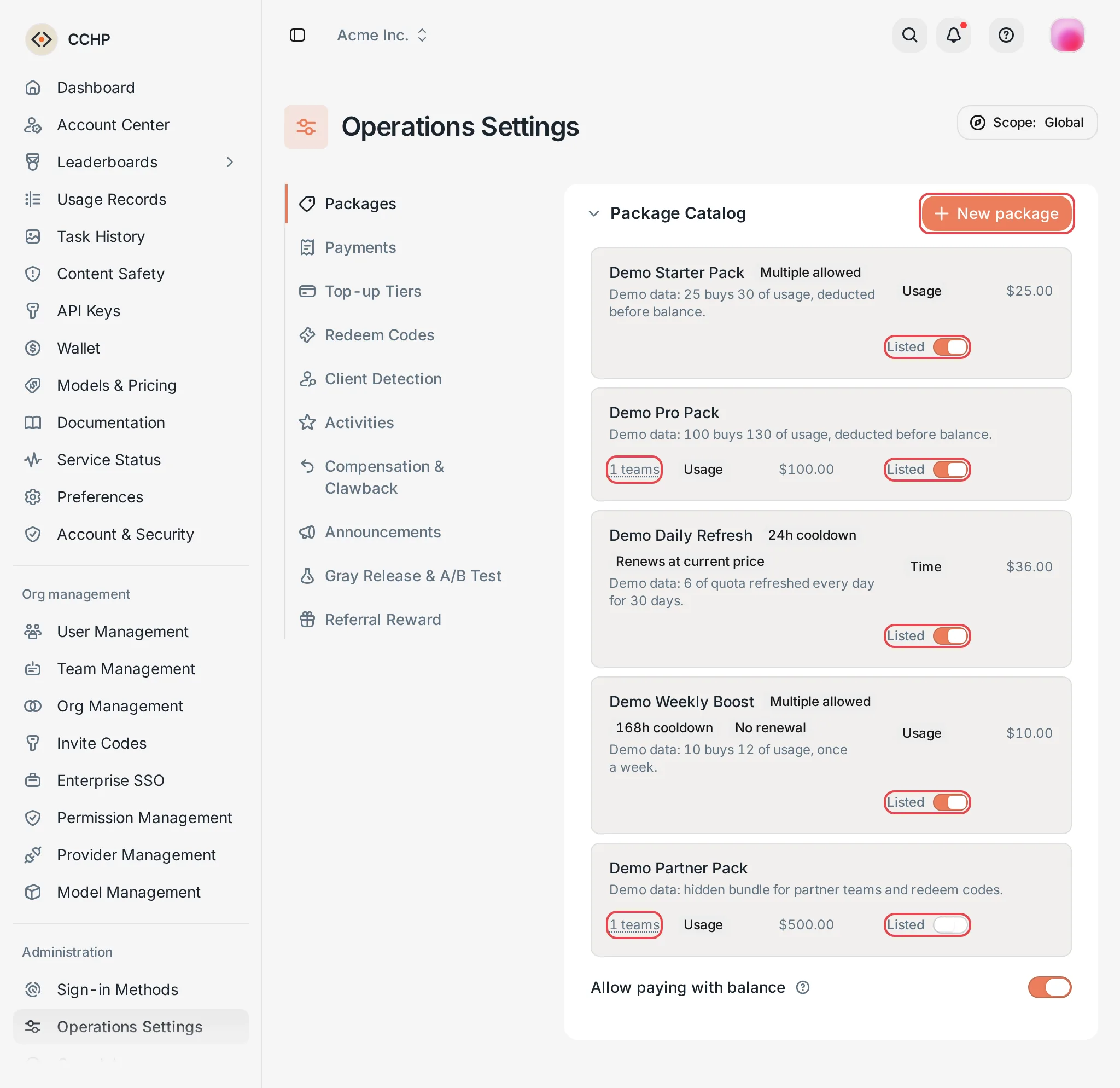 Package Catalog: the Listed toggles and team overrides