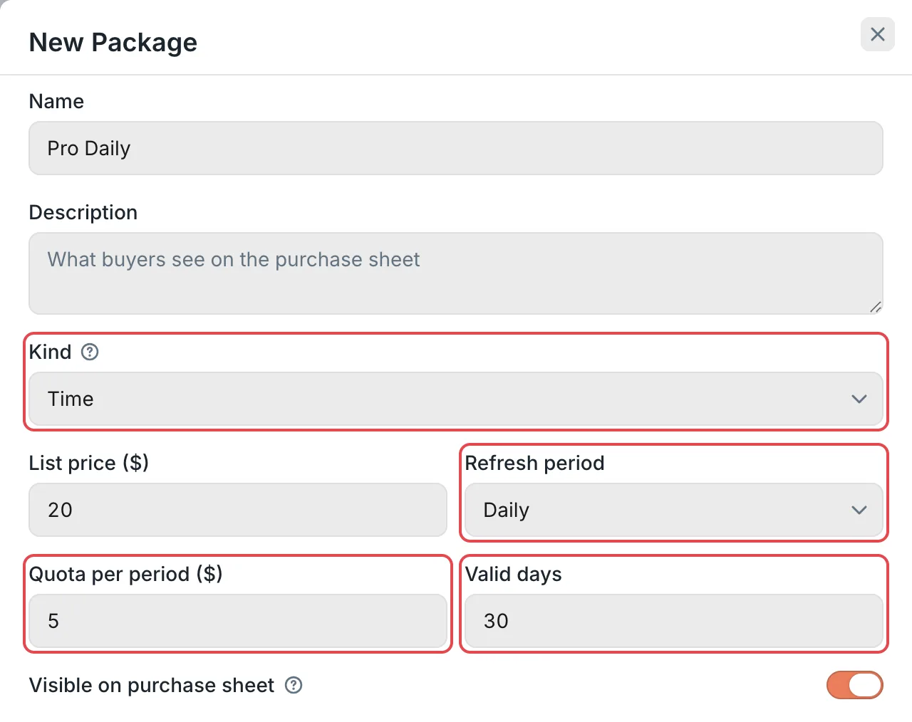 New Package panel: the refresh period and credit of a time package