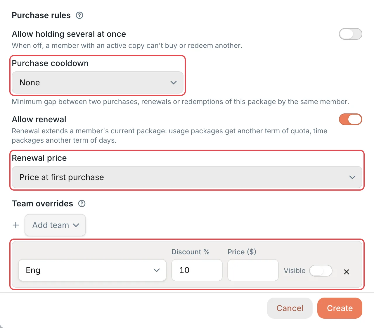 New Package panel: purchase rules and team overrides