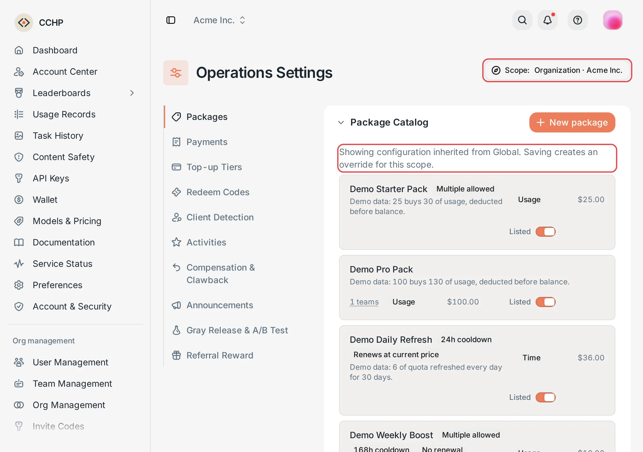 Package Catalog: the inheritance notice in an organization scope