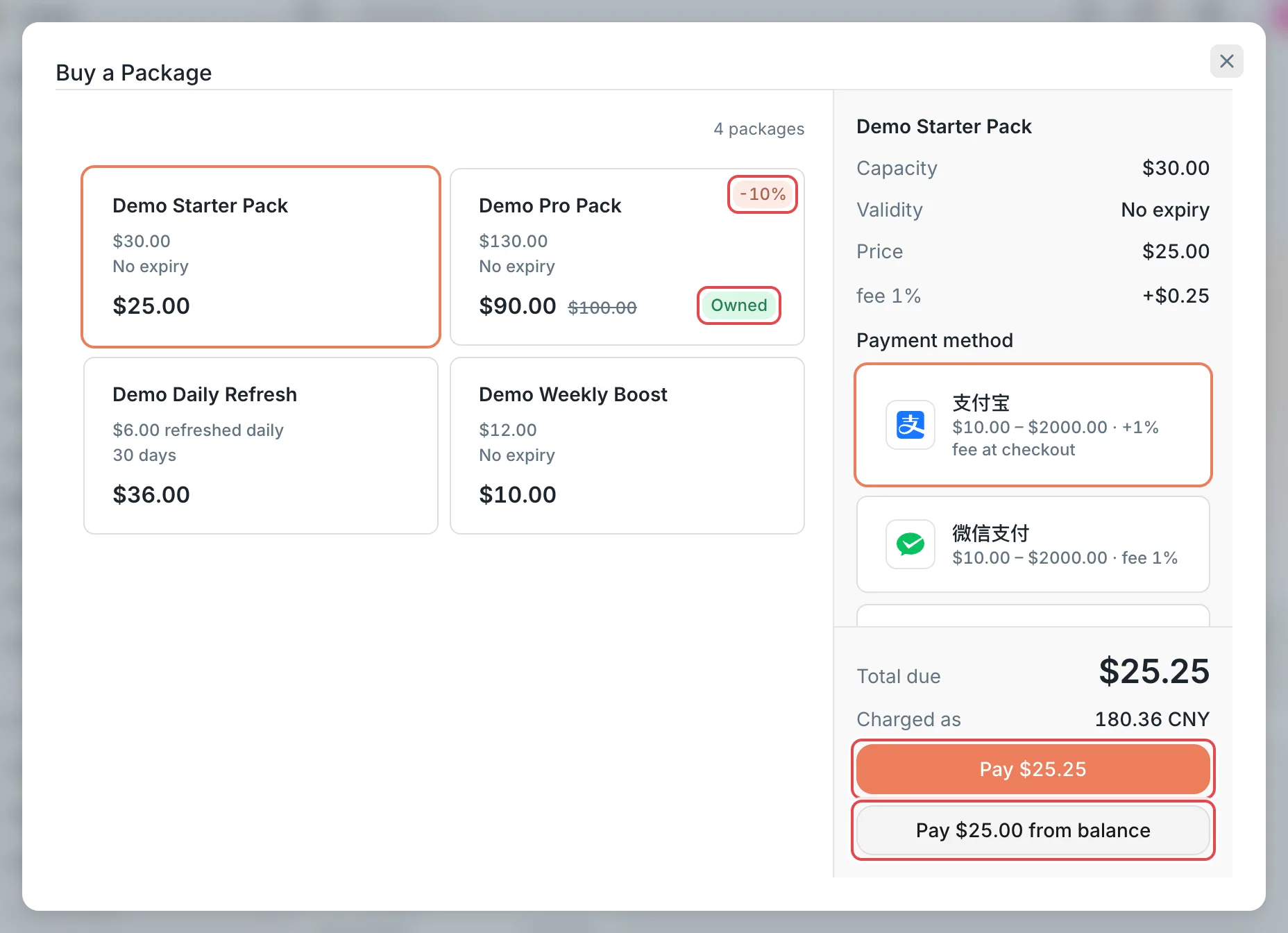 Buy a Package dialog: the package cards and the pay buttons