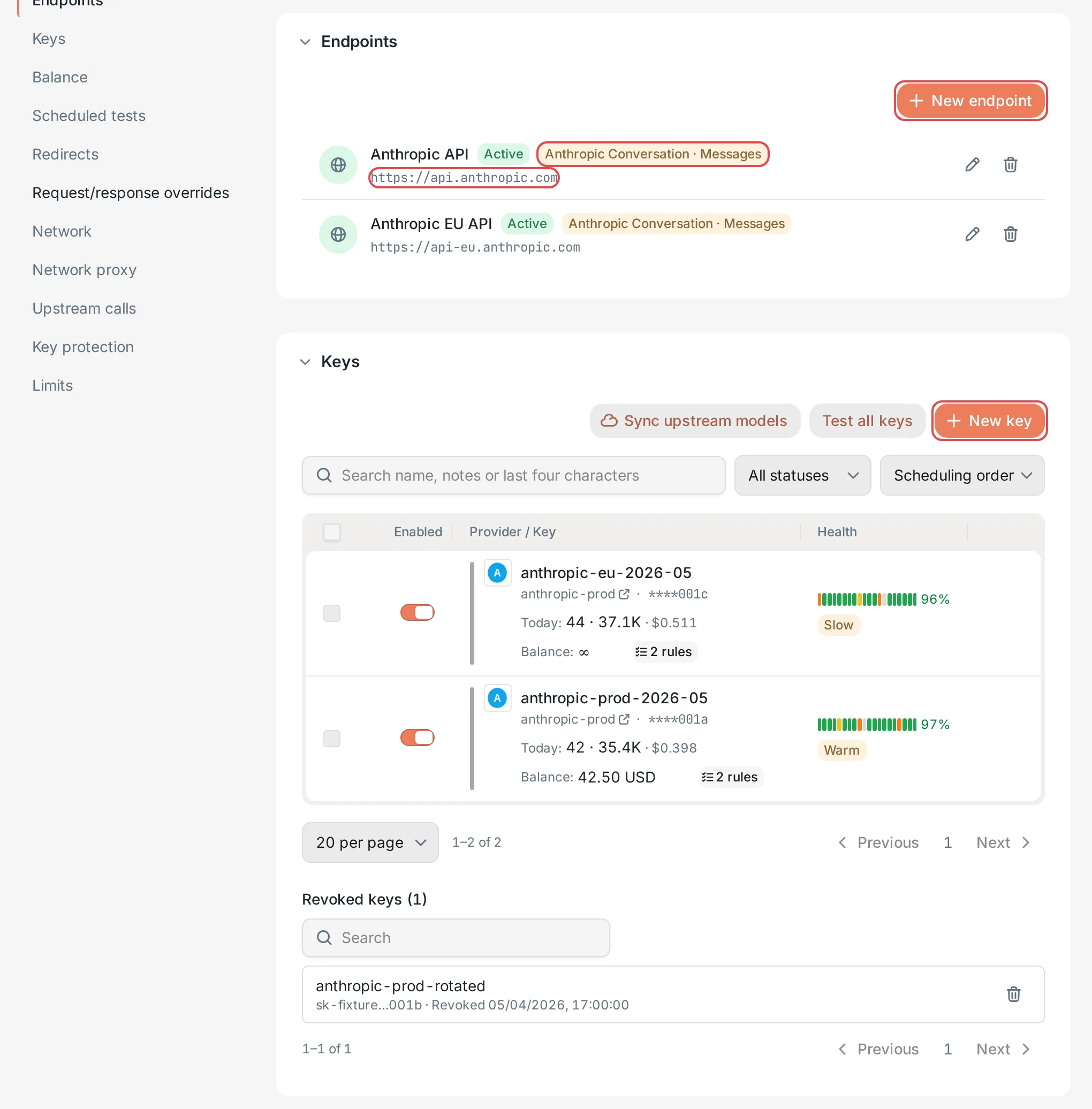 Provider details: endpoints and keys