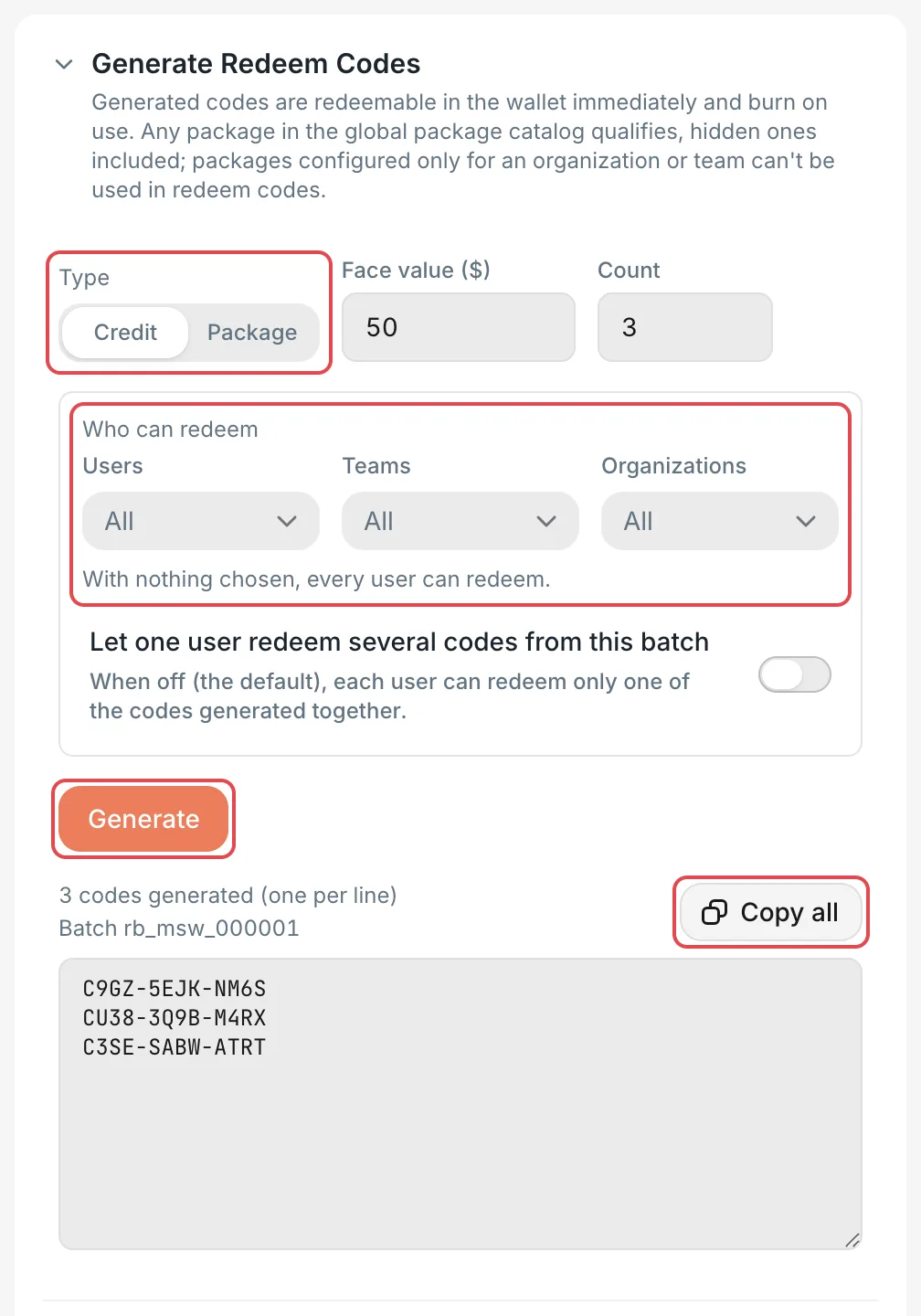 Generate Redeem Codes: the form and the generated result