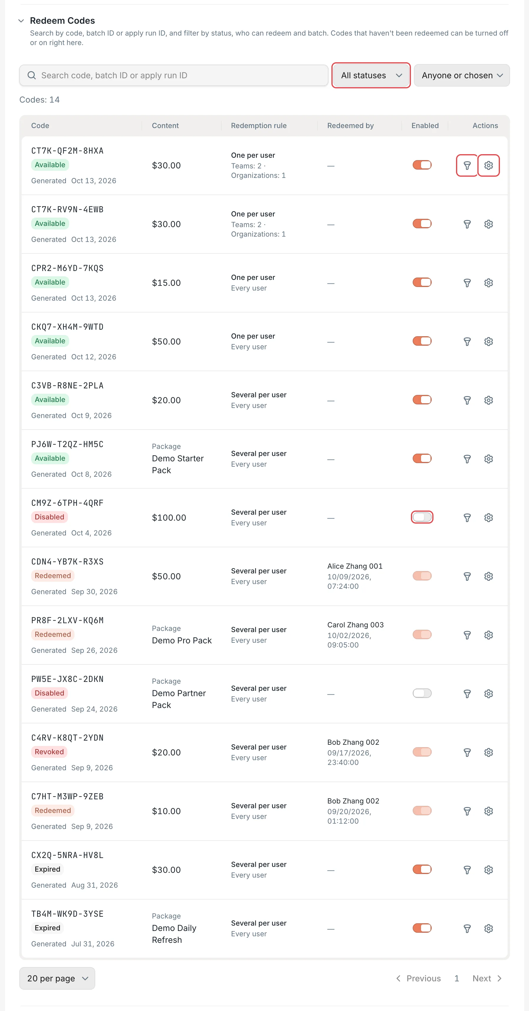 Redeem Codes: statuses, the Enabled toggle, and batch actions